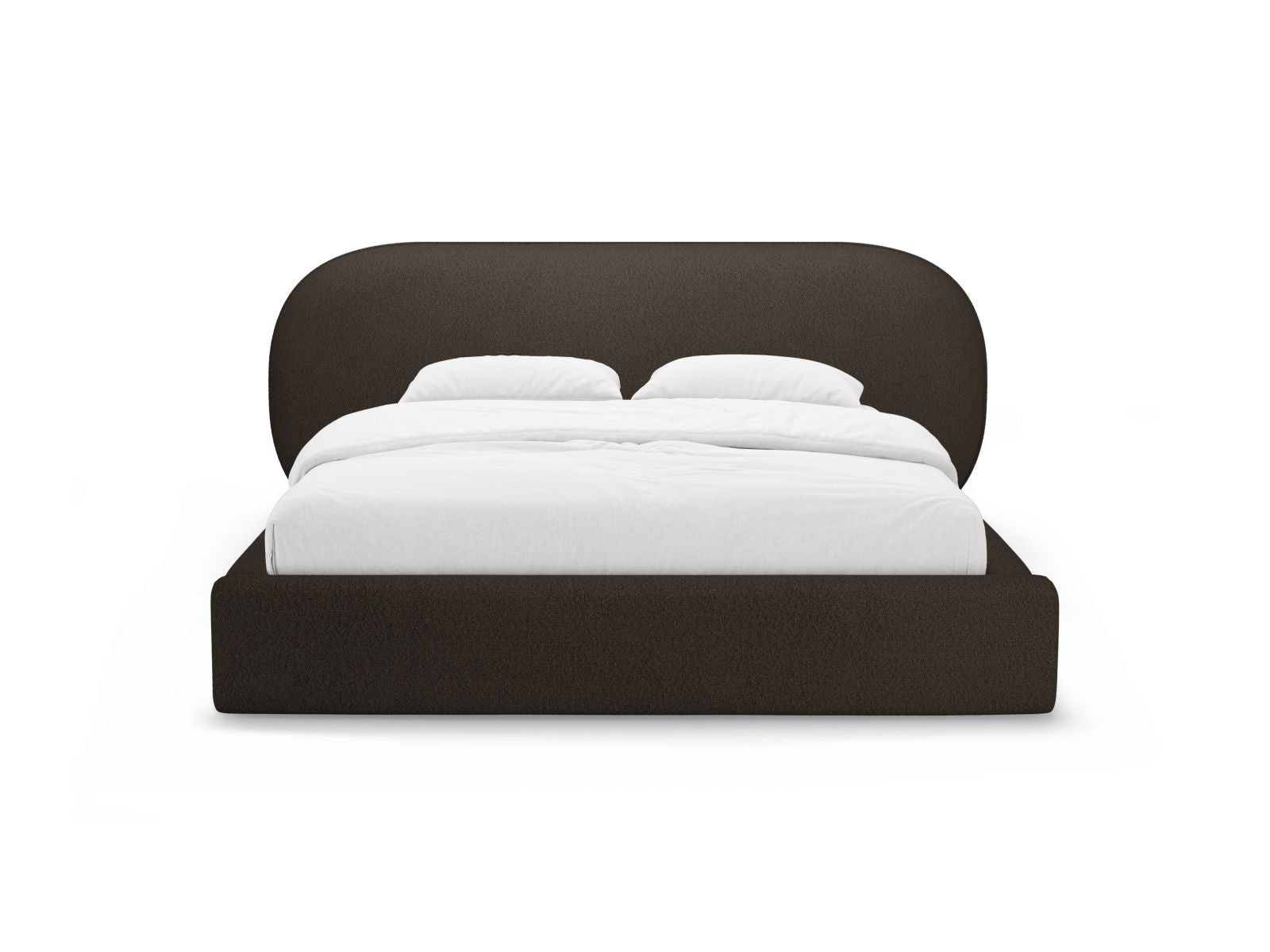 Elegantes Ovalo Bett mit 180 cm Breite, Stauraum und stilvollem Kopfteil in Braun, ideal für modernes Wohnen.