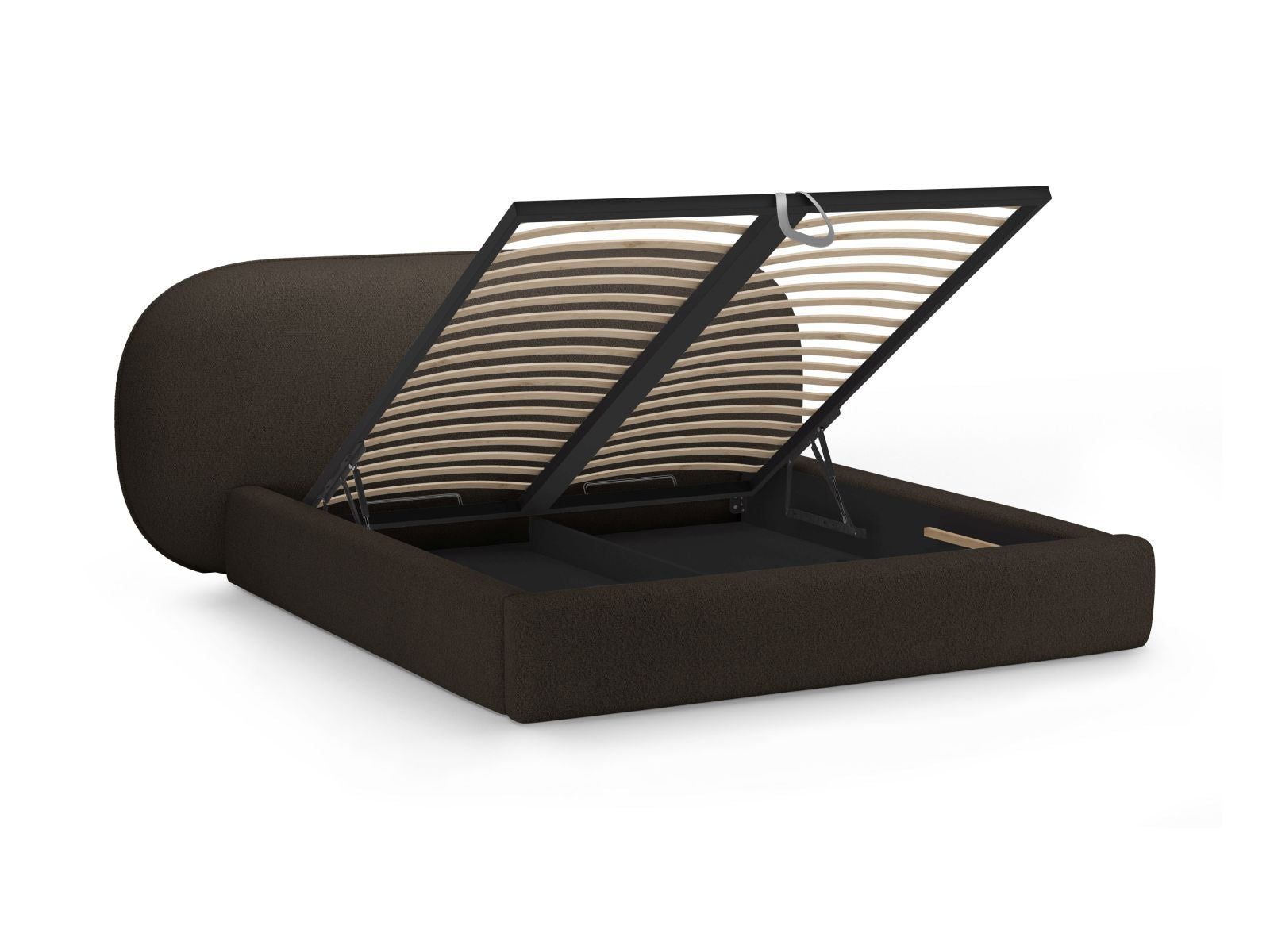 Elegantes Ovalo Bett mit 180 cm Breite, ausgestattet mit praktischem Stauraum und einem stilvollen Kopfteil in Braun, ideal für jedes Schlafzimmer.