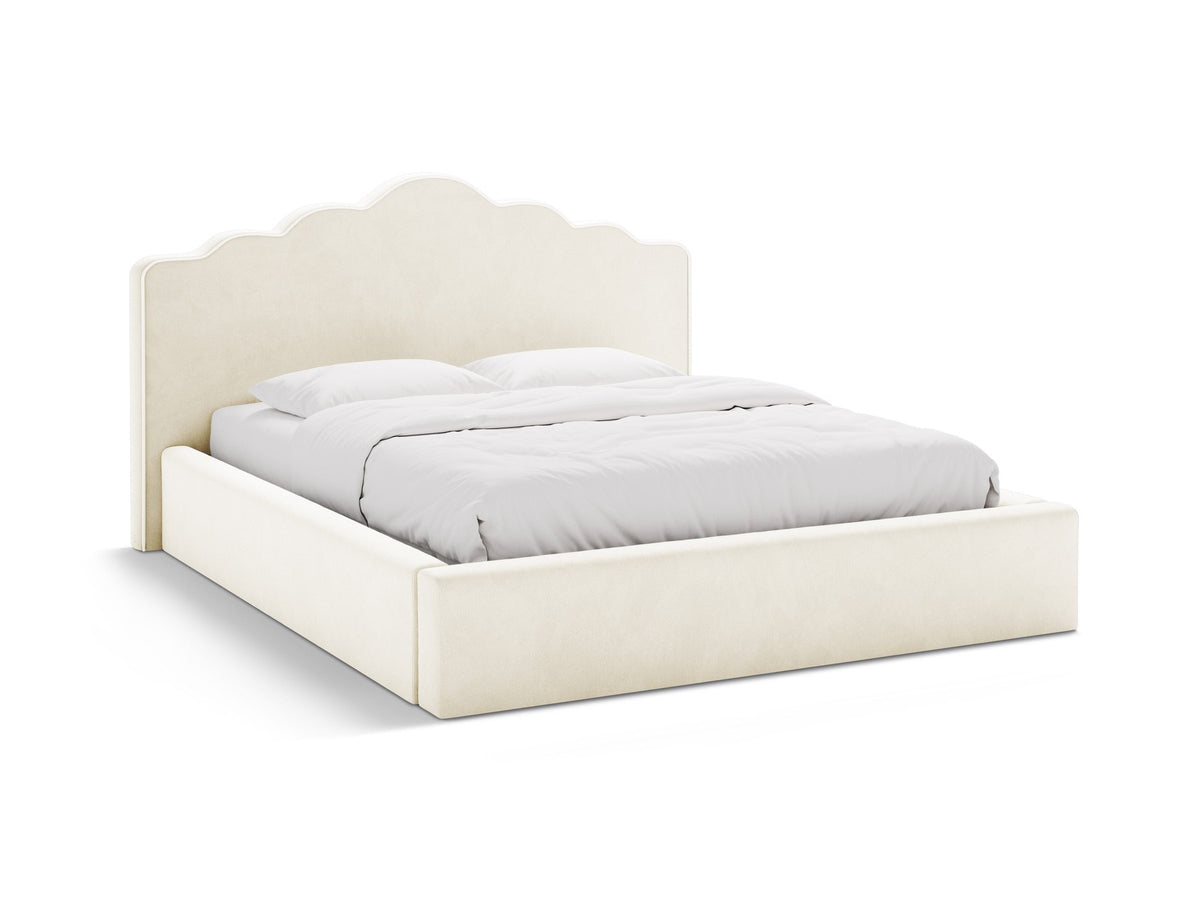 Samtbett Dream in Elfenbein mit gepolstertem Kopfteil, Bettkasten mit Gaslift-Öffnung und niedrigen Beinen aus Polypropylen.