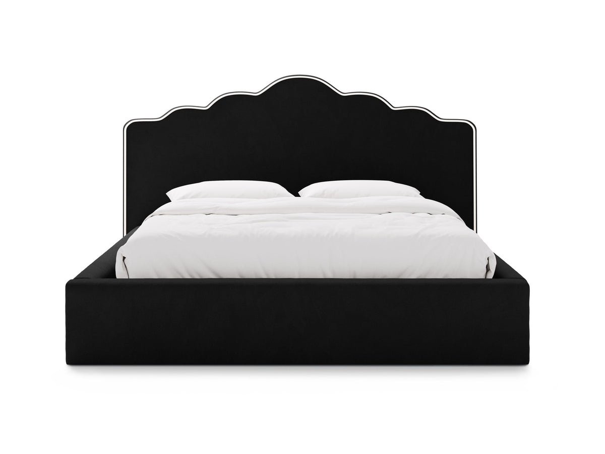 Samtbett Dream in Elfenbein mit gepolstertem Kopfteil, Bettkasten mit Gaslift-Öffnung und niedrigen Beinen aus Polypropylen.