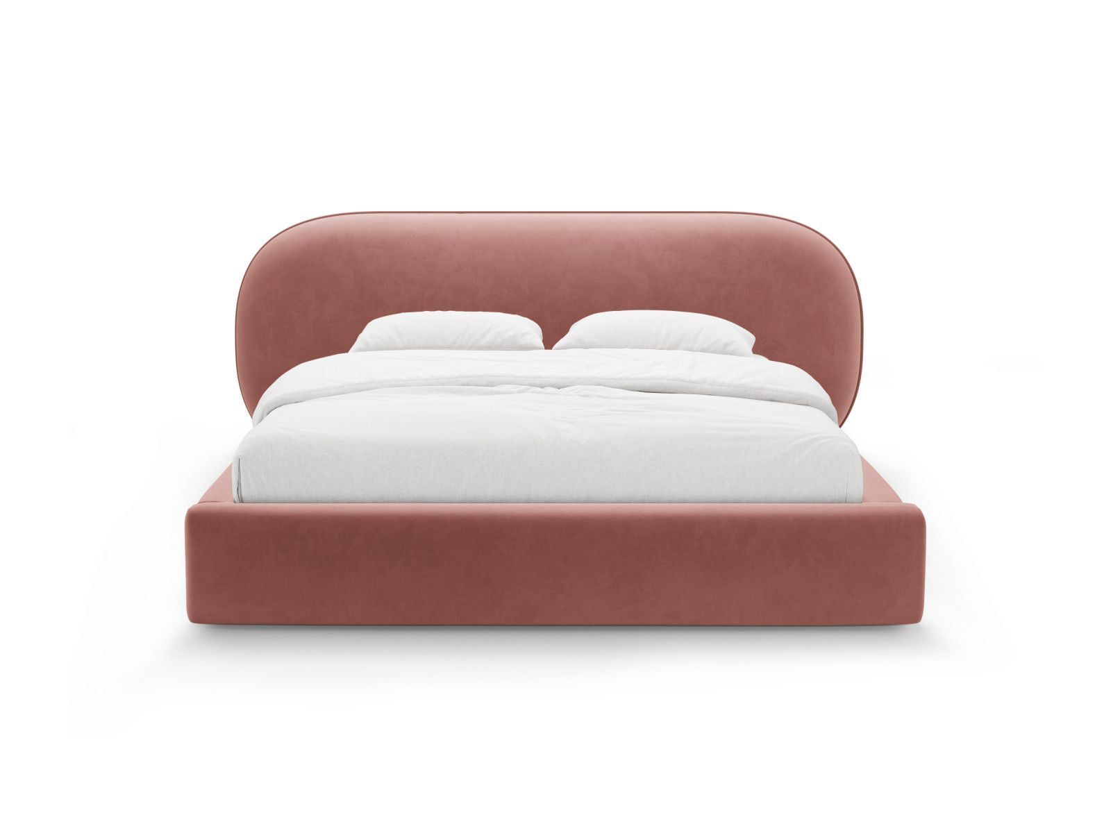 Elegantes Ovalo Bett in Pink-Magic Velvet mit praktischem Stauraum und stilvollem Kopfteil, ideal für modernes Wohnen.