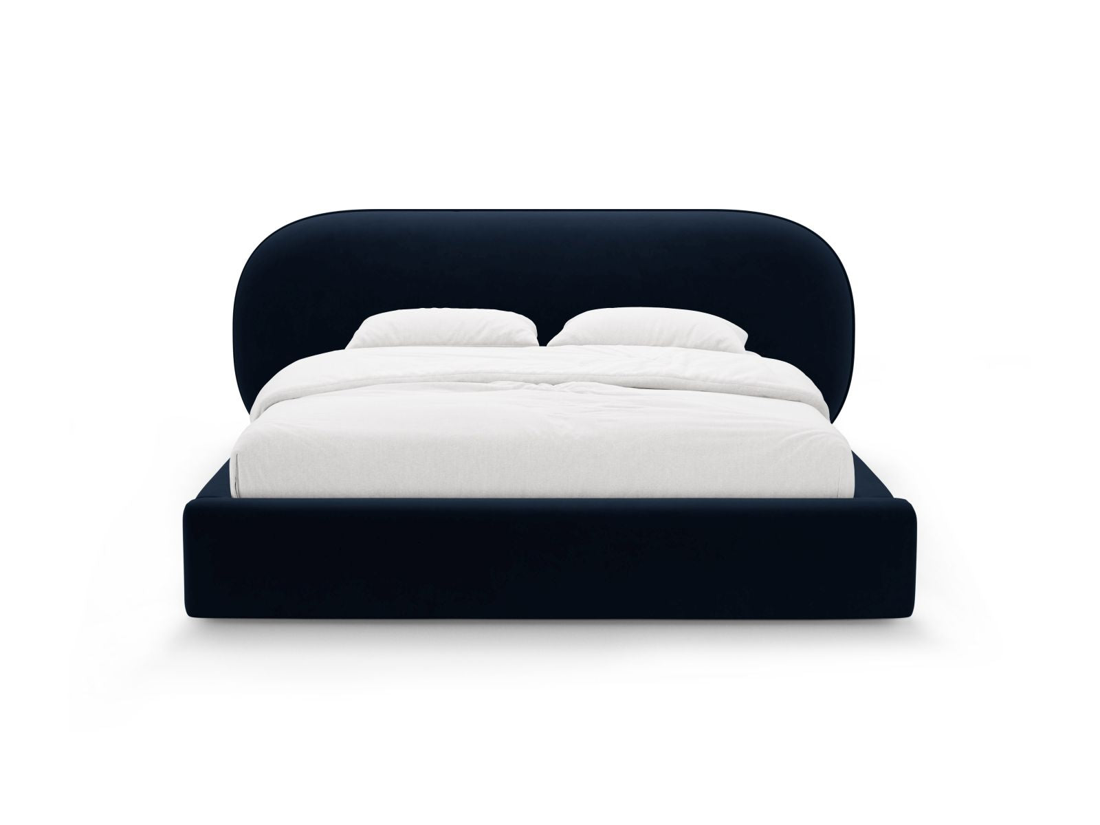 Elegantes Ovalo Bett in Royal Blue-Magic Velvet mit praktischem Stauraum und stilvollem Kopfteil, ideal für moderne Schlafzimmer.