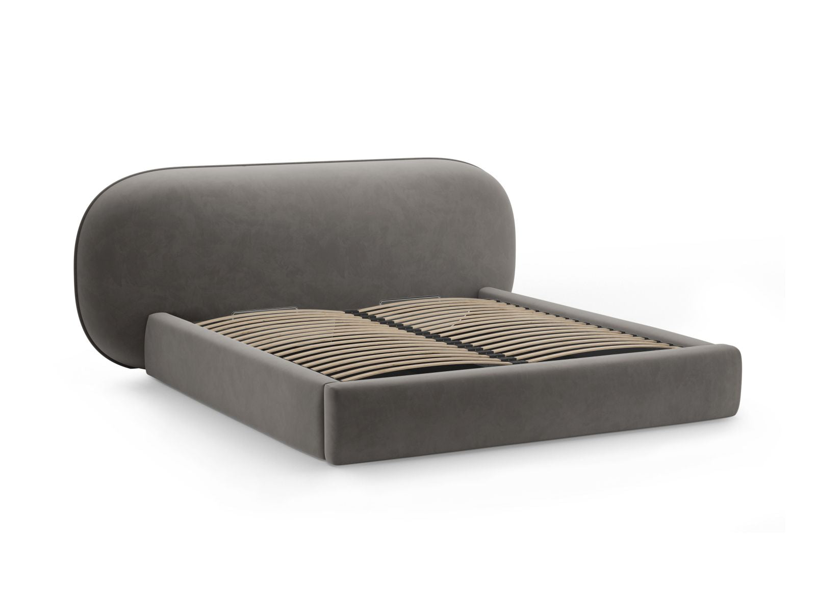 Modernes Ovalo Bett mit 180 cm hohem Kopfteil und integriertem Stauraum in luxuriösem Dark Grey-Magic Velvet, perfekt für jedes Schlafzimmer.