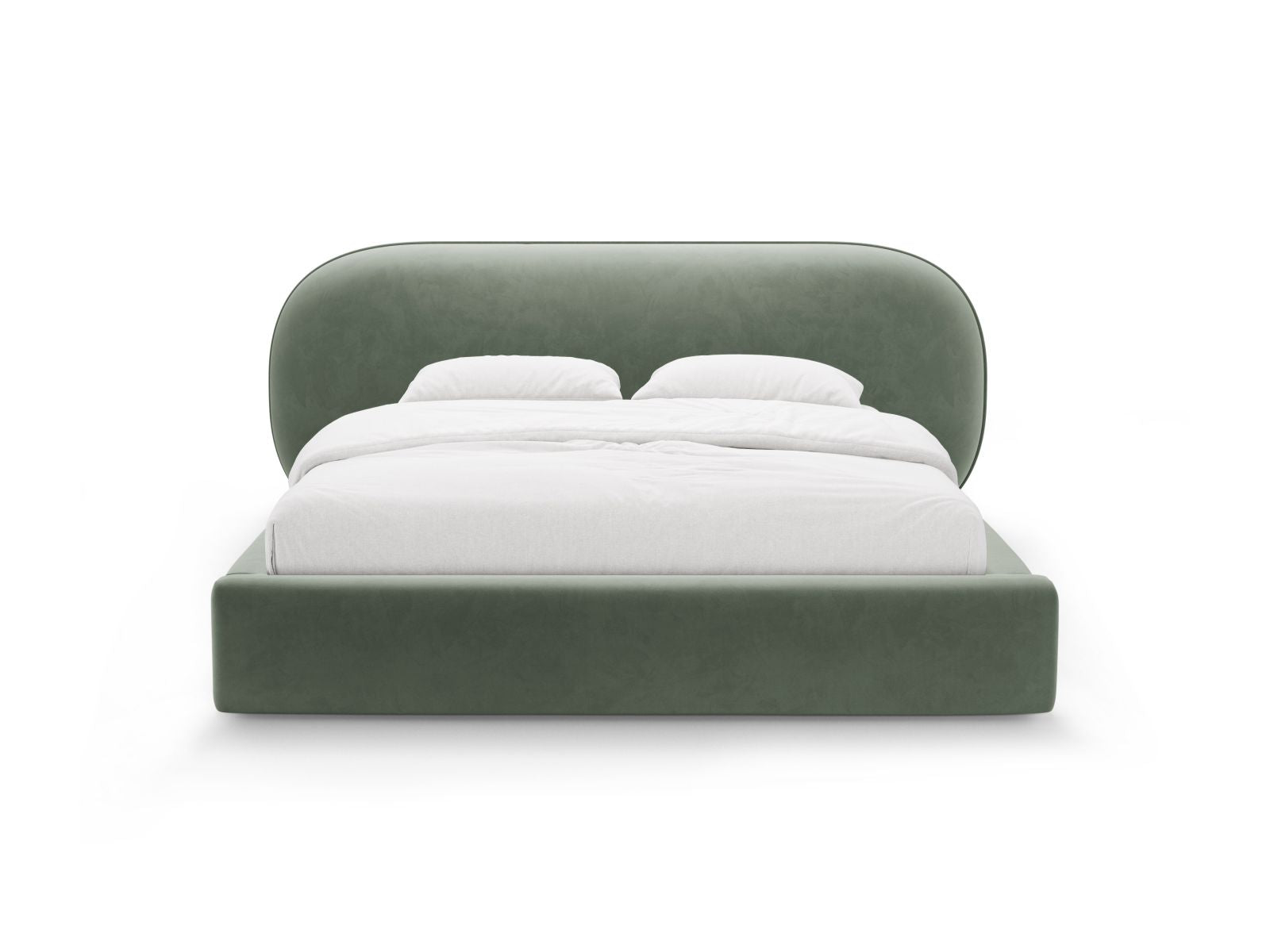 Elegantes Ovalo Bett mit 180 cm Breite, ausgestattet mit praktischem Stauraum und stilvollem Kopfteil in Green-Magic Velvet.
