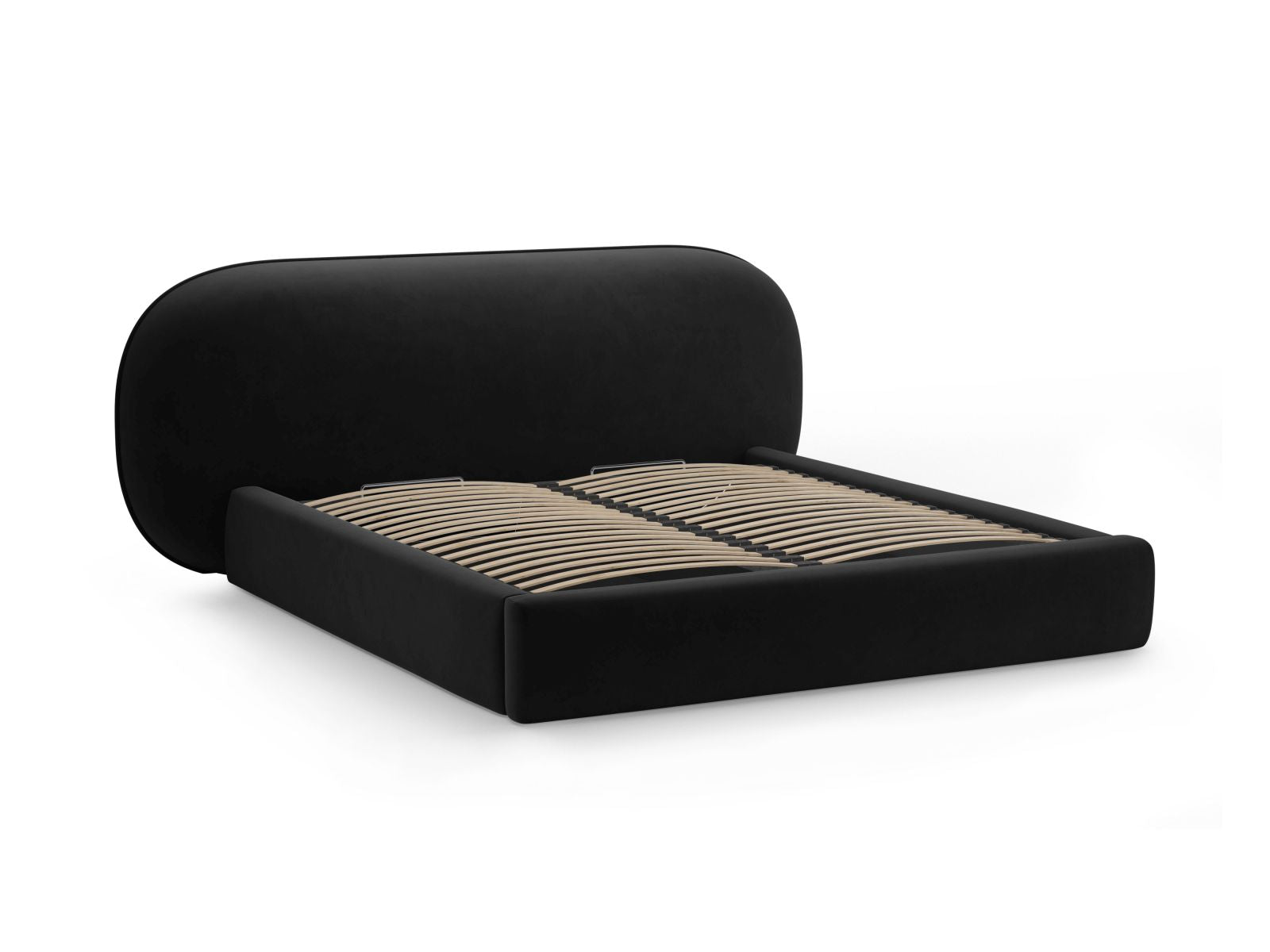 Modernes Ovalo Bett in 180 cm Breite, bietet cleveren Stauraum und ein ansprechendes Kopfteil aus Black-Magic Velvet für stilvolles Wohnen.