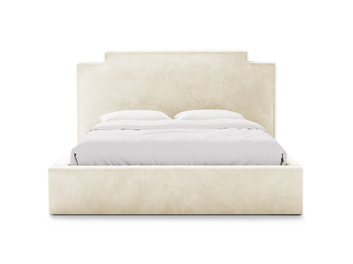 Samtbett Princess mit hohem Kopfteil, Bettkasten und Beinen aus Polypropylen, Farbe Elfenbein, Frontalansicht des Möbelstücks.