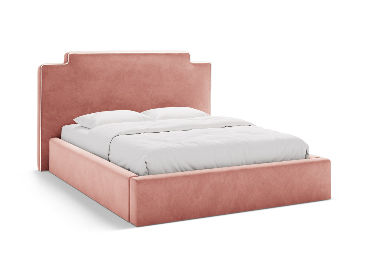 Samtbett Princess mit hohem Kopfteil, Bettkasten und Beinen aus Polypropylen, Farbe Elfenbein, Frontalansicht des Möbelstücks.