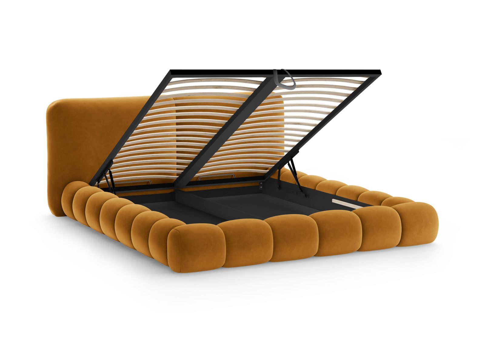 Stilvolles Solange Bett mit 180 cm Kopfteil und integriertem Stauraum, gepolstert in edlem Mustard-Magic Velvet für moderne Schlafzimmer.