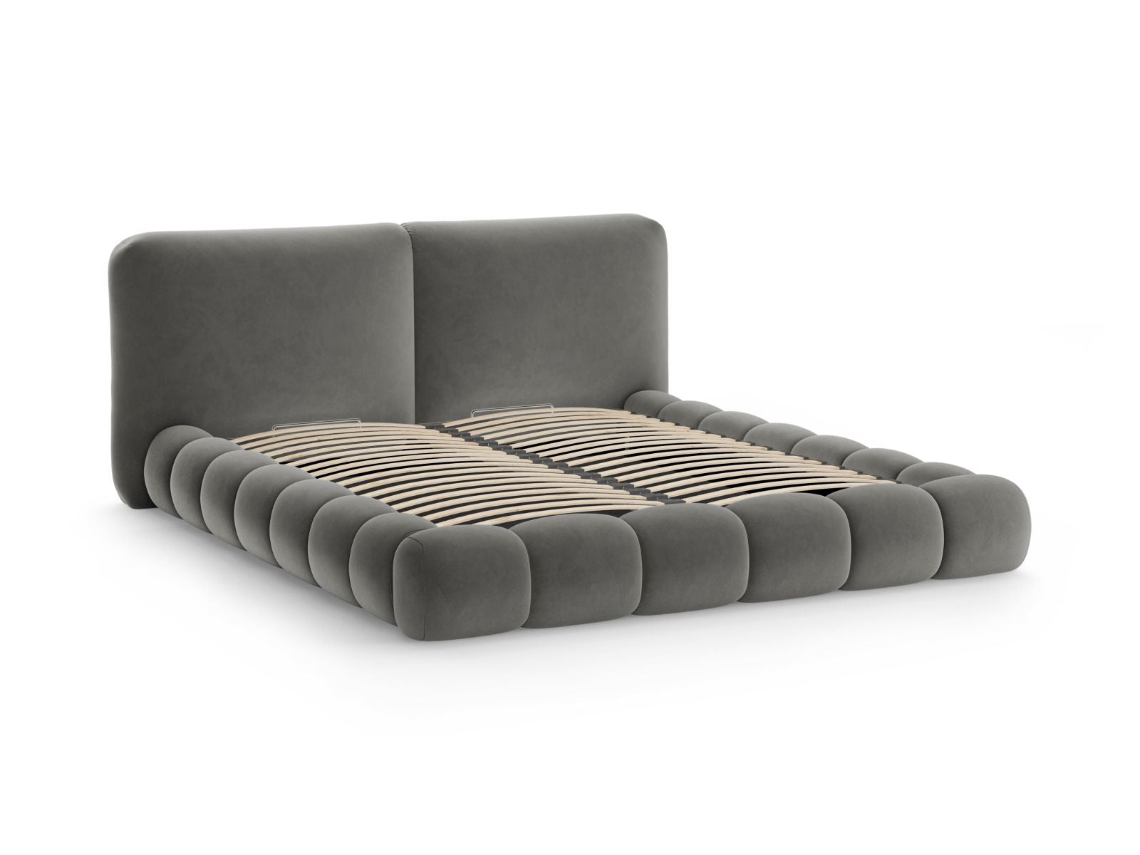 Elegantes Solange Bett mit 180 cm Kopfteil und praktischem Stauraum, bezogen mit edlem Dark Grey-Magic Velvet für stilvolle Schlafzimmer.