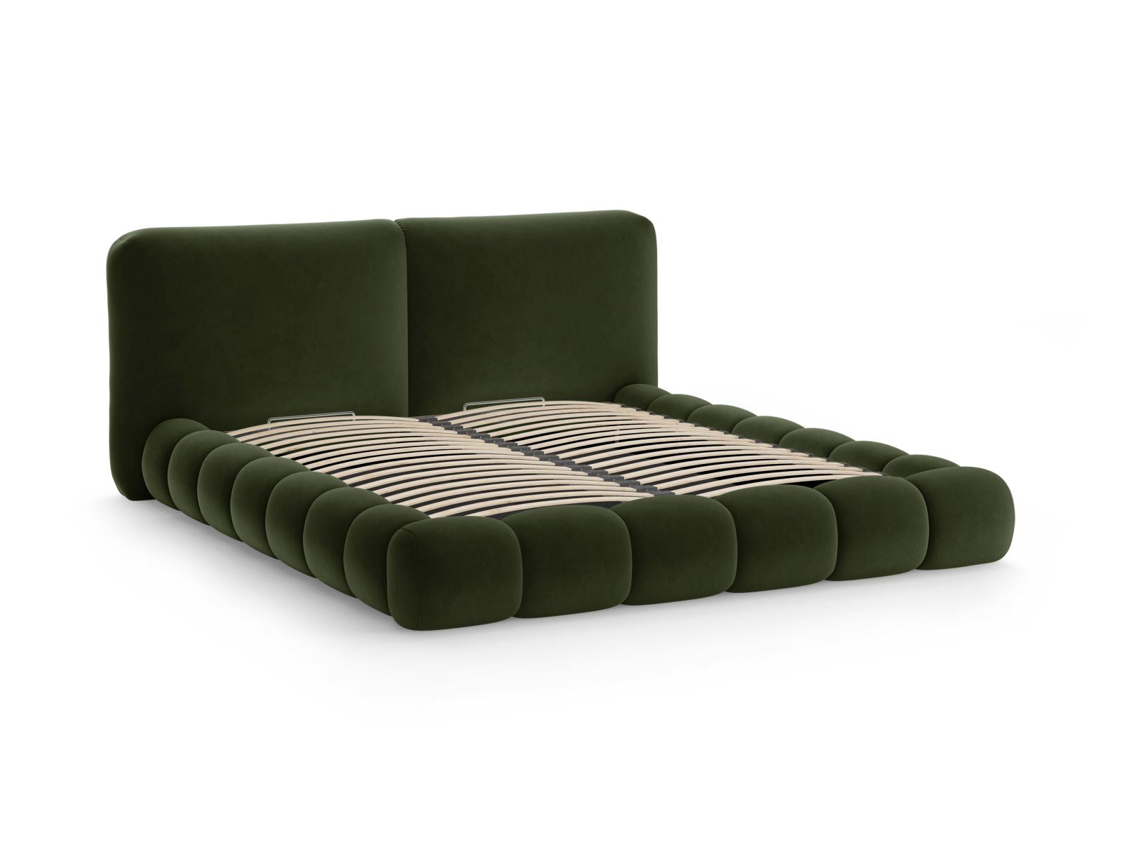 Elegantes Solange Bett in Army Green-Magic Velvet, bietet cleveren Stauraum und ein modernes Kopfteil für stilvolle Schlafzimmergestaltung.