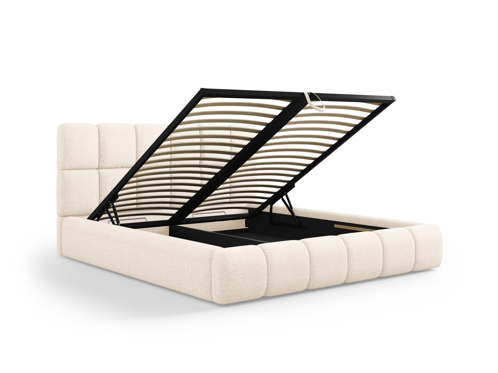 Elegantes Bellis Bett in zartem Beige, bietet cleveren Stauraum und ein geschmackvolles Kopfteil für zeitgemäße Schlafzimmergestaltung.