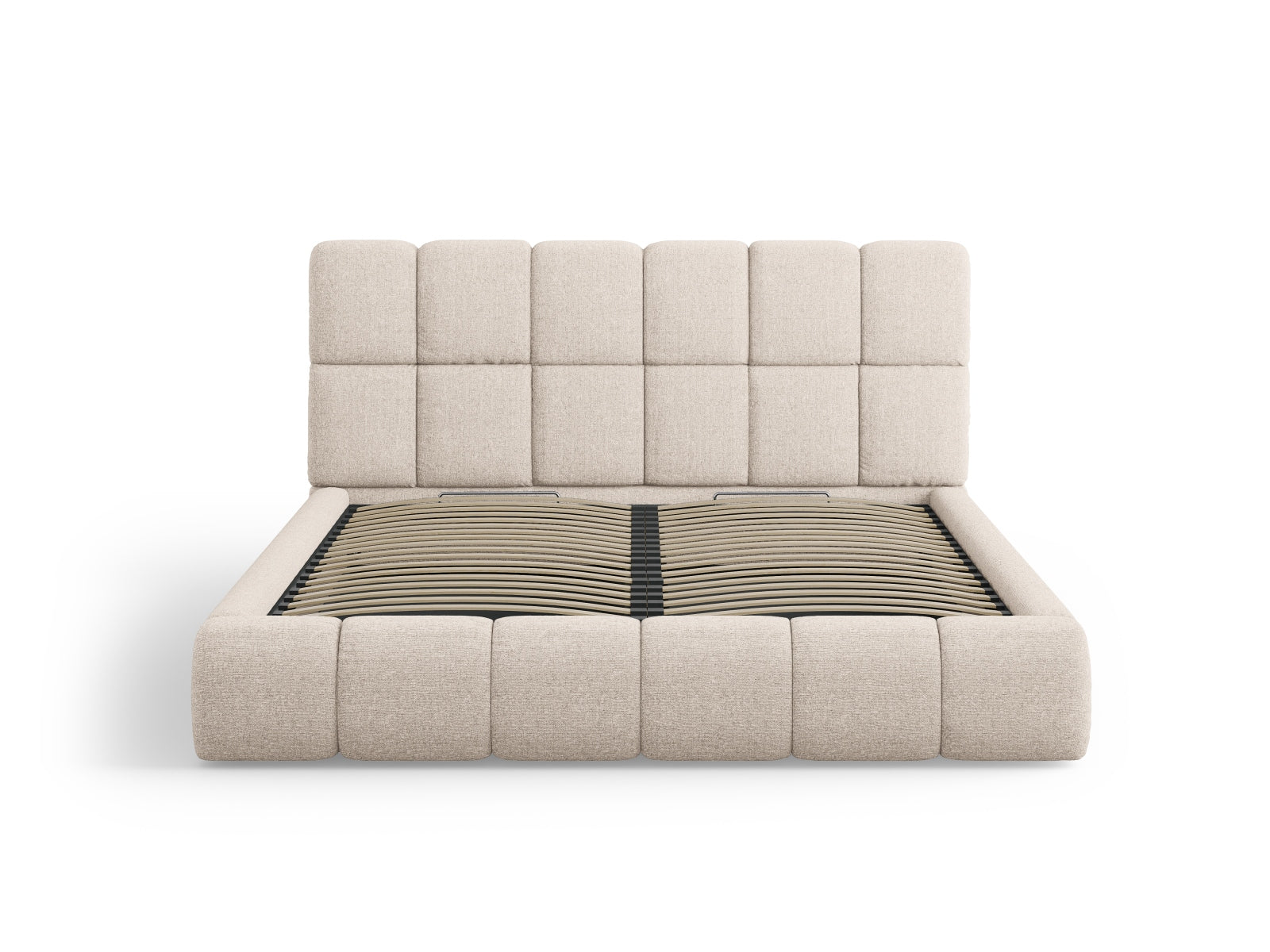 Elegantes Bellis Bett von Micadoni in Beige, ausgestattet mit praktischem Stauraum und einem stilvollen Kopfteil für moderne Schlafzimmer.