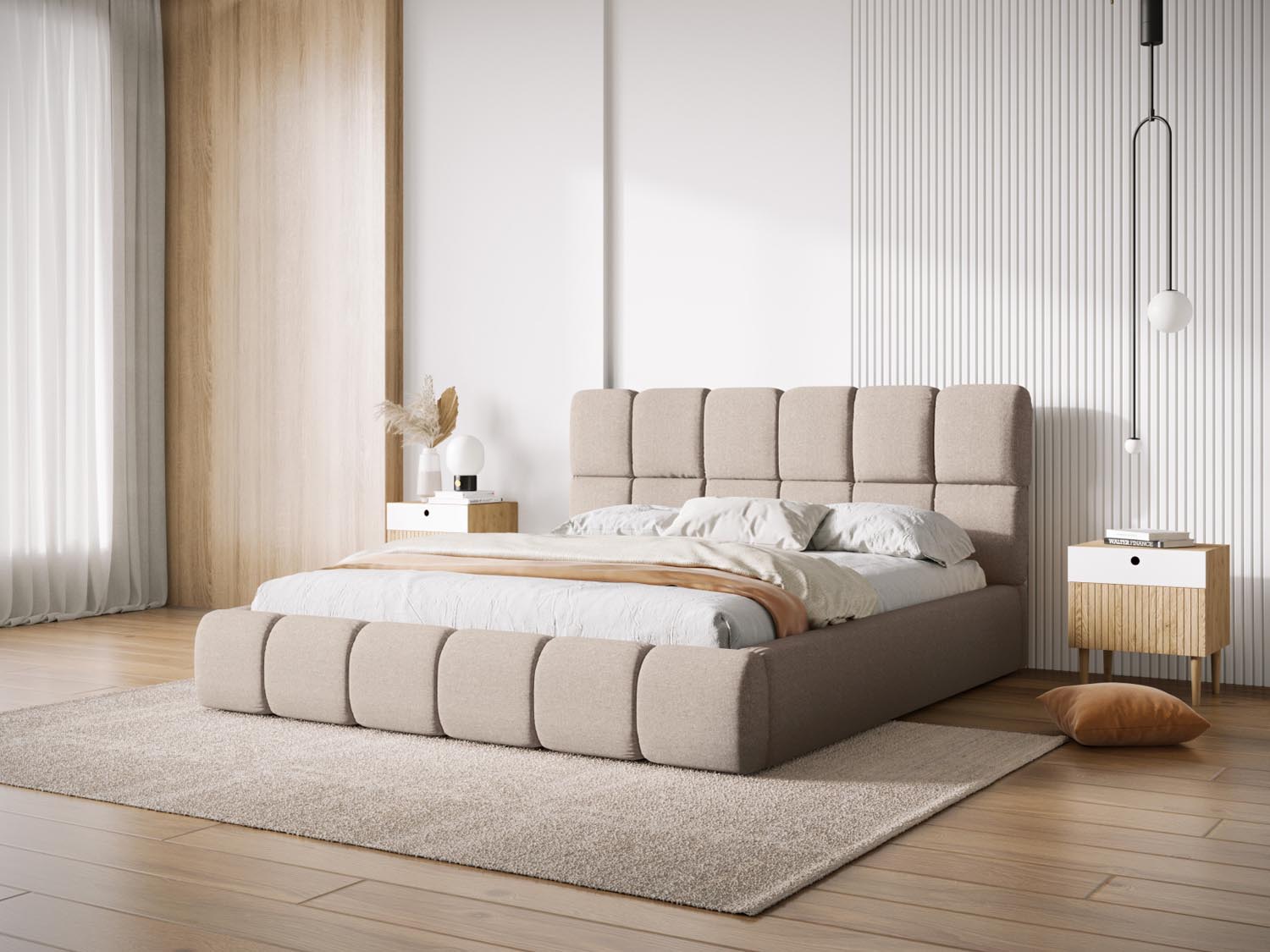 Elegantes Bellis Bett in Beige mit praktischem Stauraum und stilvollem Headboard, ideal für moderne Schlafzimmer.