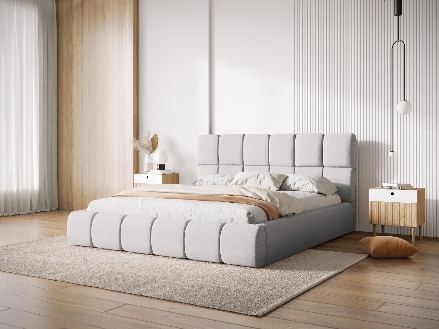 Elegantes Bellis Bett in Light Grey mit praktischem Stauraum und stilvollem Headboard, ideal für moderne Schlafzimmer.