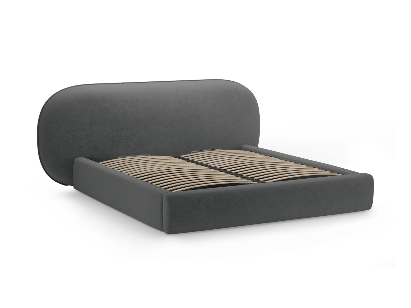 Modernes Ovalo Bett in Dunkelgrau, ausgestattet mit einem praktischen Stauraum und einem ansprechenden Kopfteil, perfekt für stilvolle Schlafzimmer.