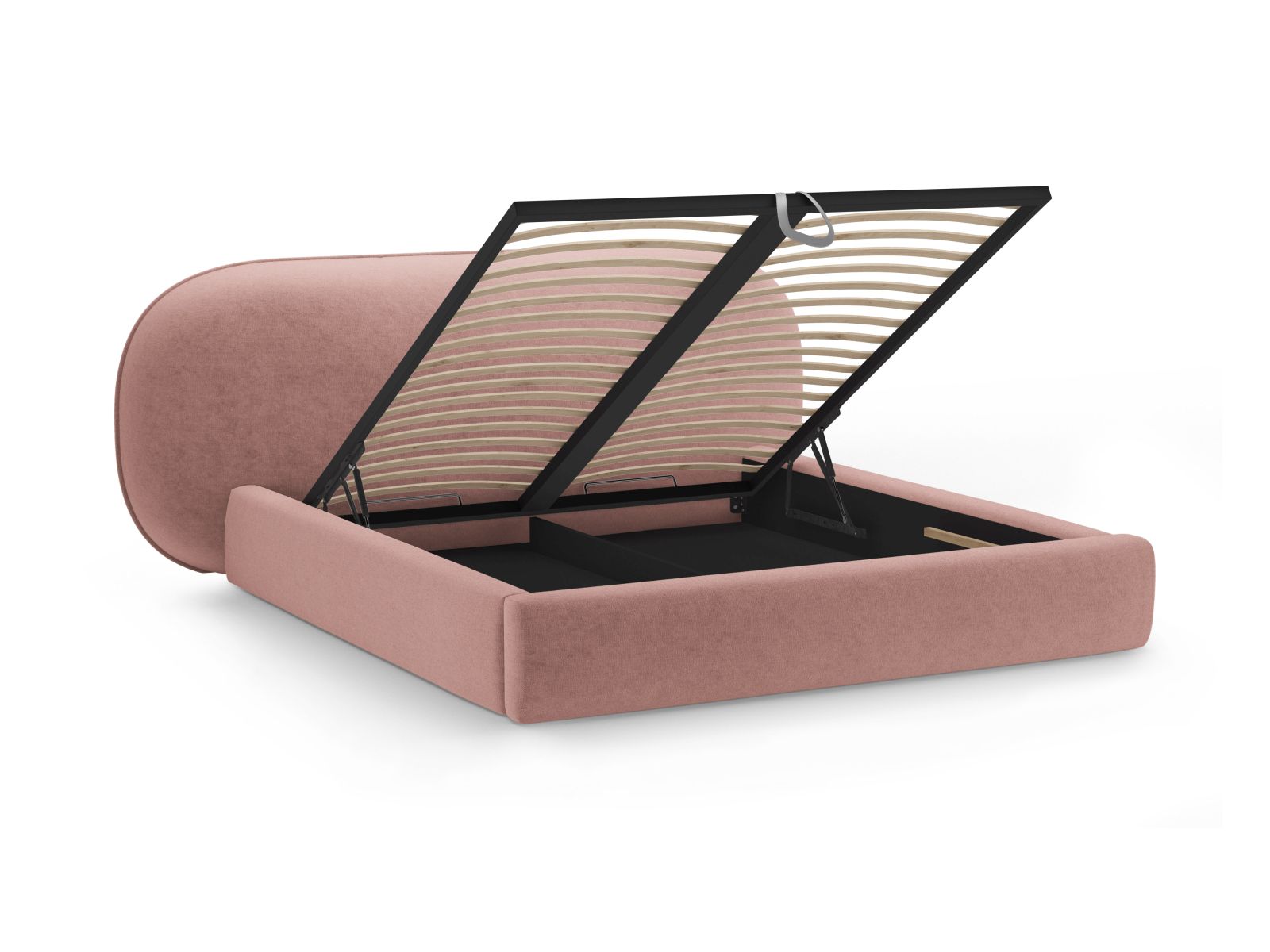 Elegantes Ovalo Bett mit 180 cm Breite, ausgestattet mit praktischem Stauraum und einem stilvollen Kopfteil für ein modernes Schlafzimmer.