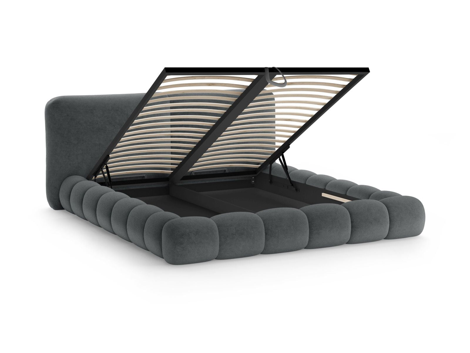 Modernes Solange Bett in Dunkelgrau, 180 cm Kopfteil, bietet cleveren Stauraum für ein aufgeräumtes Schlafzimmer.