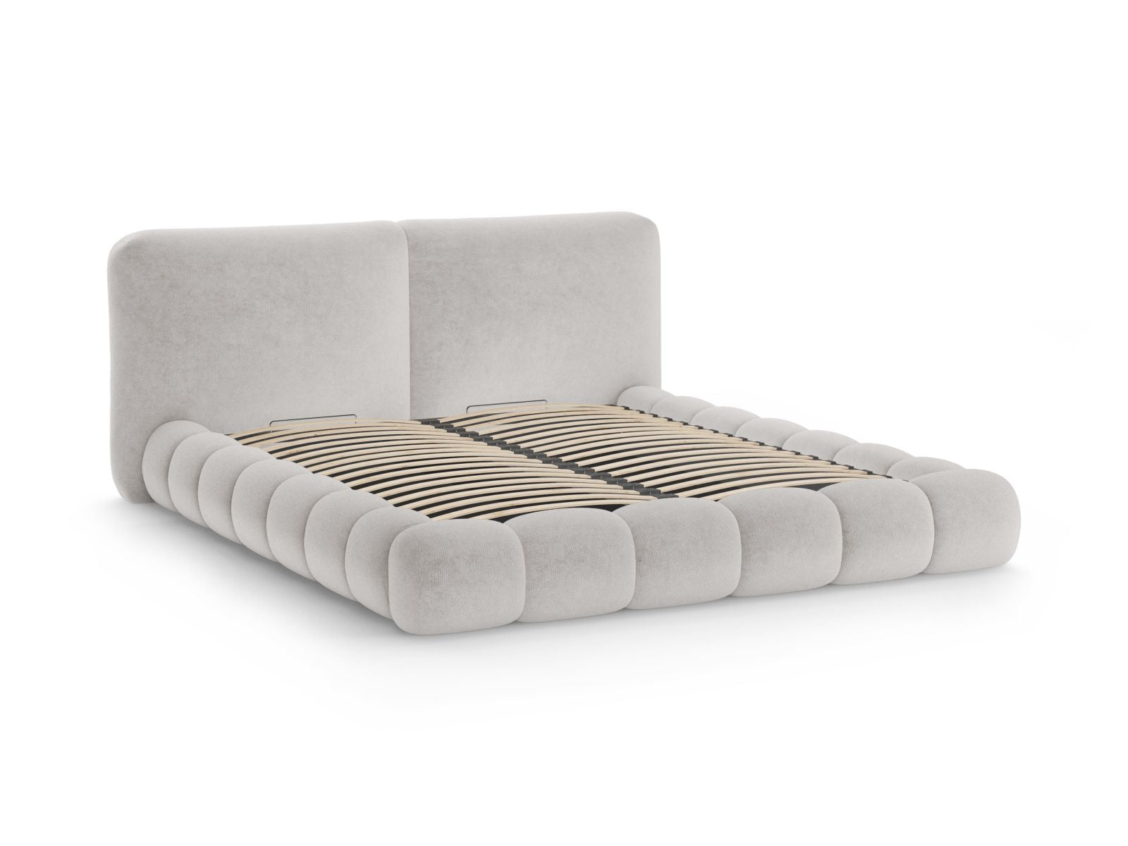 Elegantes Solange Bett mit 180 cm Kopfteil und praktischem Stauraum in sanftem Beige, ideal für moderne Schlafzimmergestaltung.