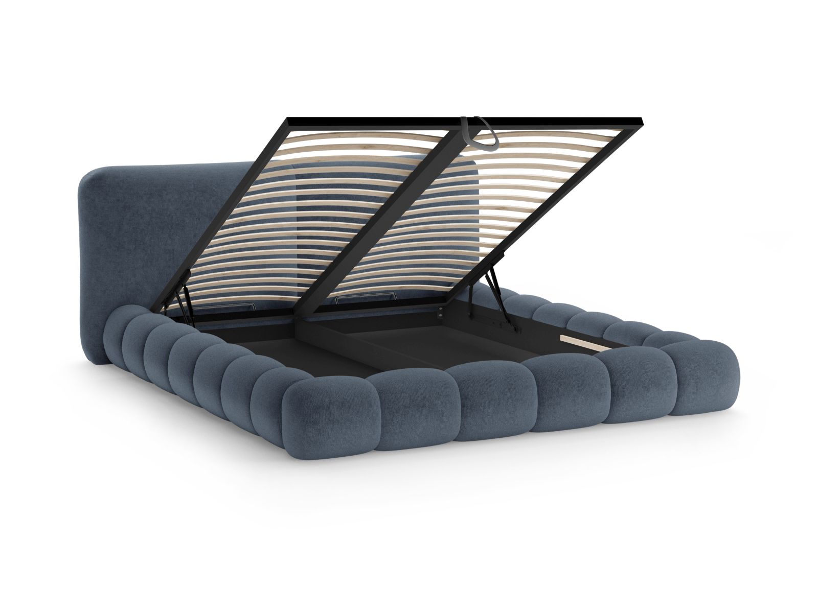 Stylisches Solange Bett in tiefem Blau, ausgestattet mit praktischem Stauraum und einem modernen Kopfteil für ein zeitgemäßes Schlafzimmer.
