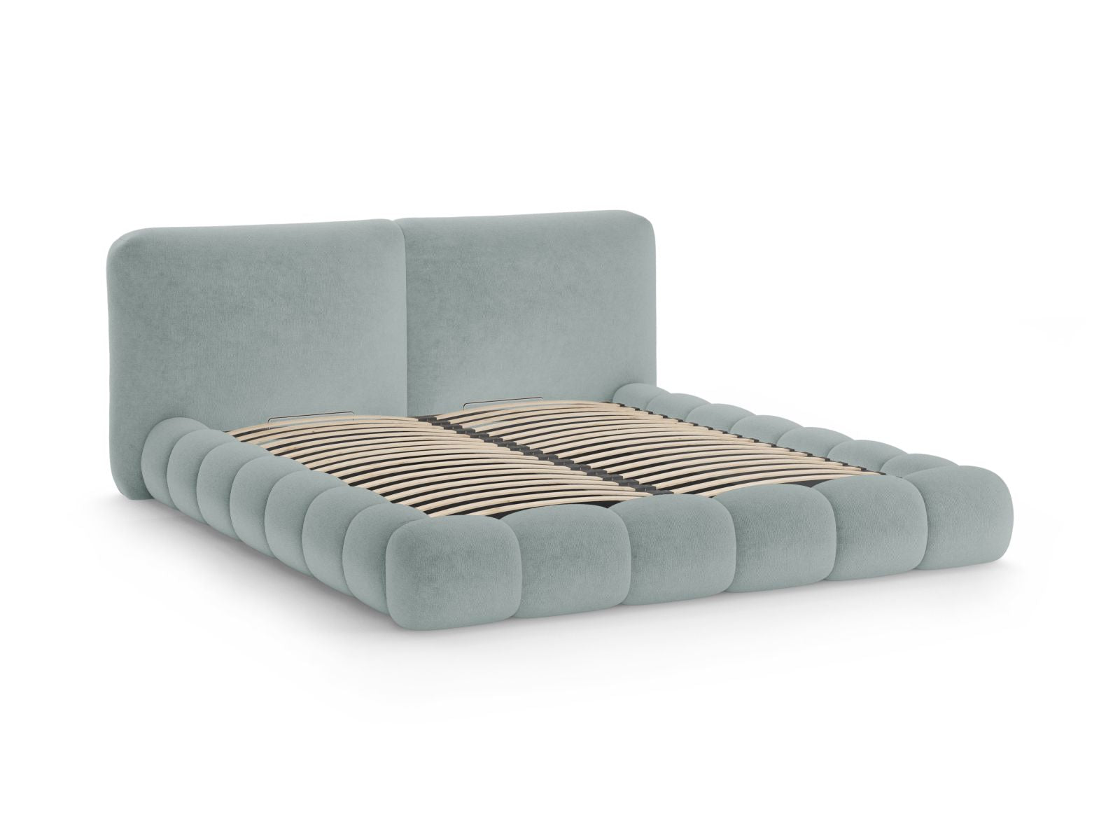 Elegantes Solange Bett in zartem Hellblau, 180 cm, ausgestattet mit praktischem Stauraum und einem geschmackvollen Kopfteil für stilvolle Schlafzimmer.