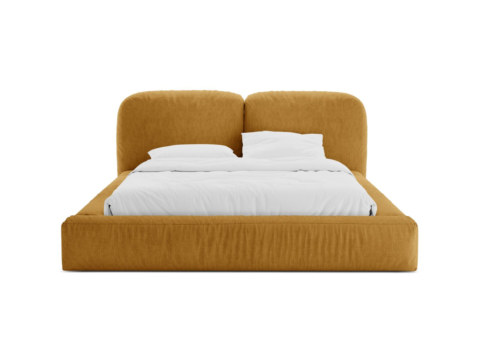 Elegantes Martina Bett mit 180 cm Breite, Stauraum und stilvollem Kopfteil in Senfgelb, ideal für modernes Wohnen.