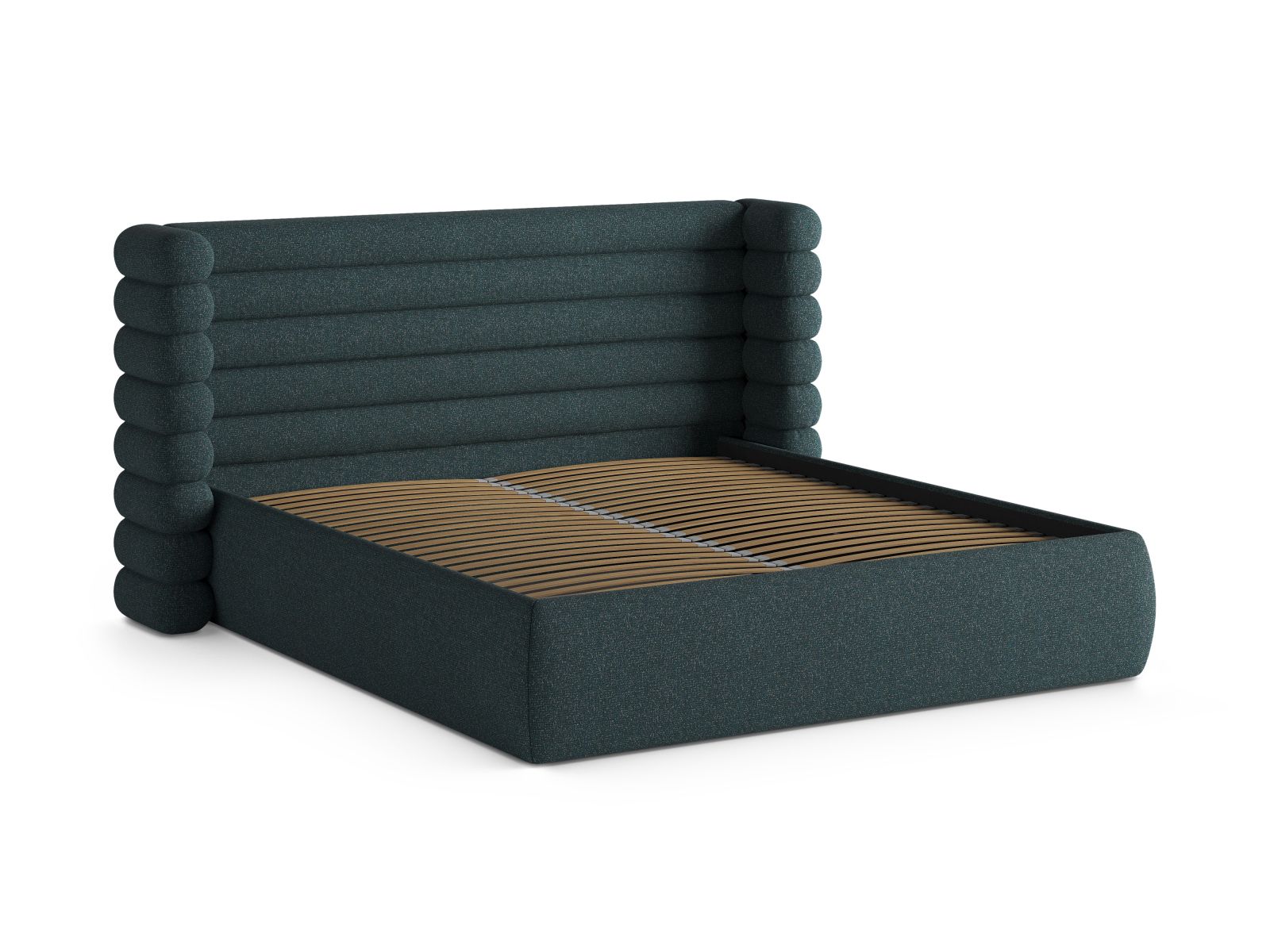Stylisches Mount Bett in 180 cm Breite, ausgestattet mit praktischem Stauraum und elegantem Kopfteil in einem ansprechenden Green Blue Melange.