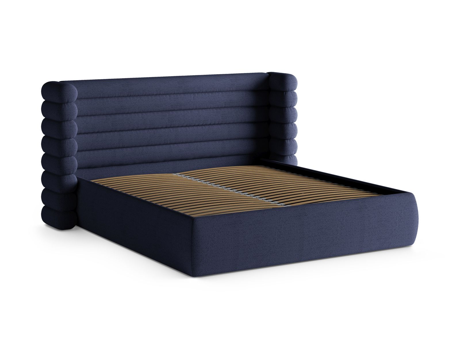Elegantes Mount Bett in tiefem Navy Blue, 180 cm breit, mit integriertem Stauraum und geschmackvollem Kopfteil für ein modernes Schlafzimmer.