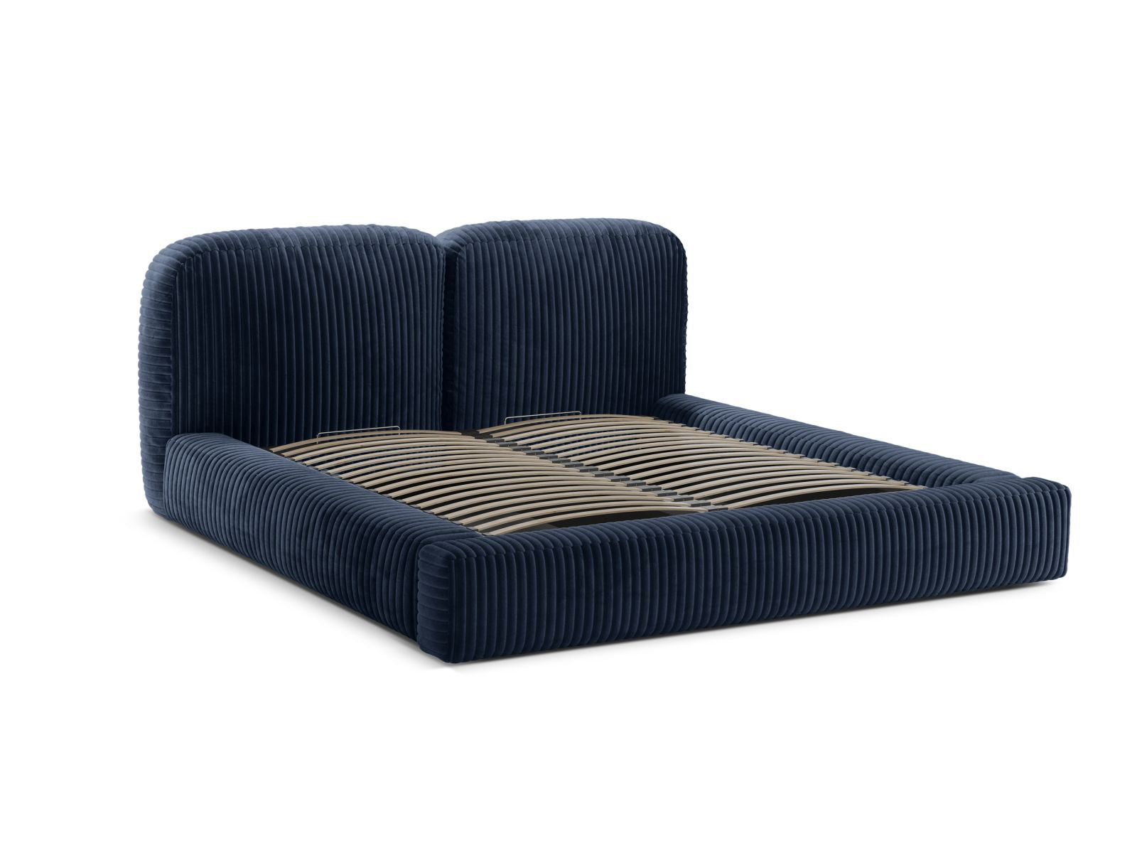 Elegantes Martina Bett in dunklem Blau, bietet cleveren Stauraum und ein modernes Kopfteil, ideal für stilvolle Schlafzimmer.