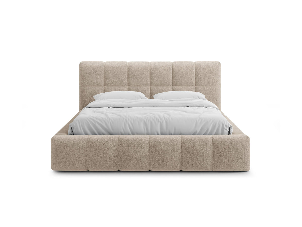 Polsterbett Bellis mit gepolstertem Kopfteil in Leichtes Beige, Stoff Eden, Gaslift-Bettkasten und schwarzen Kunststoffbeinen.