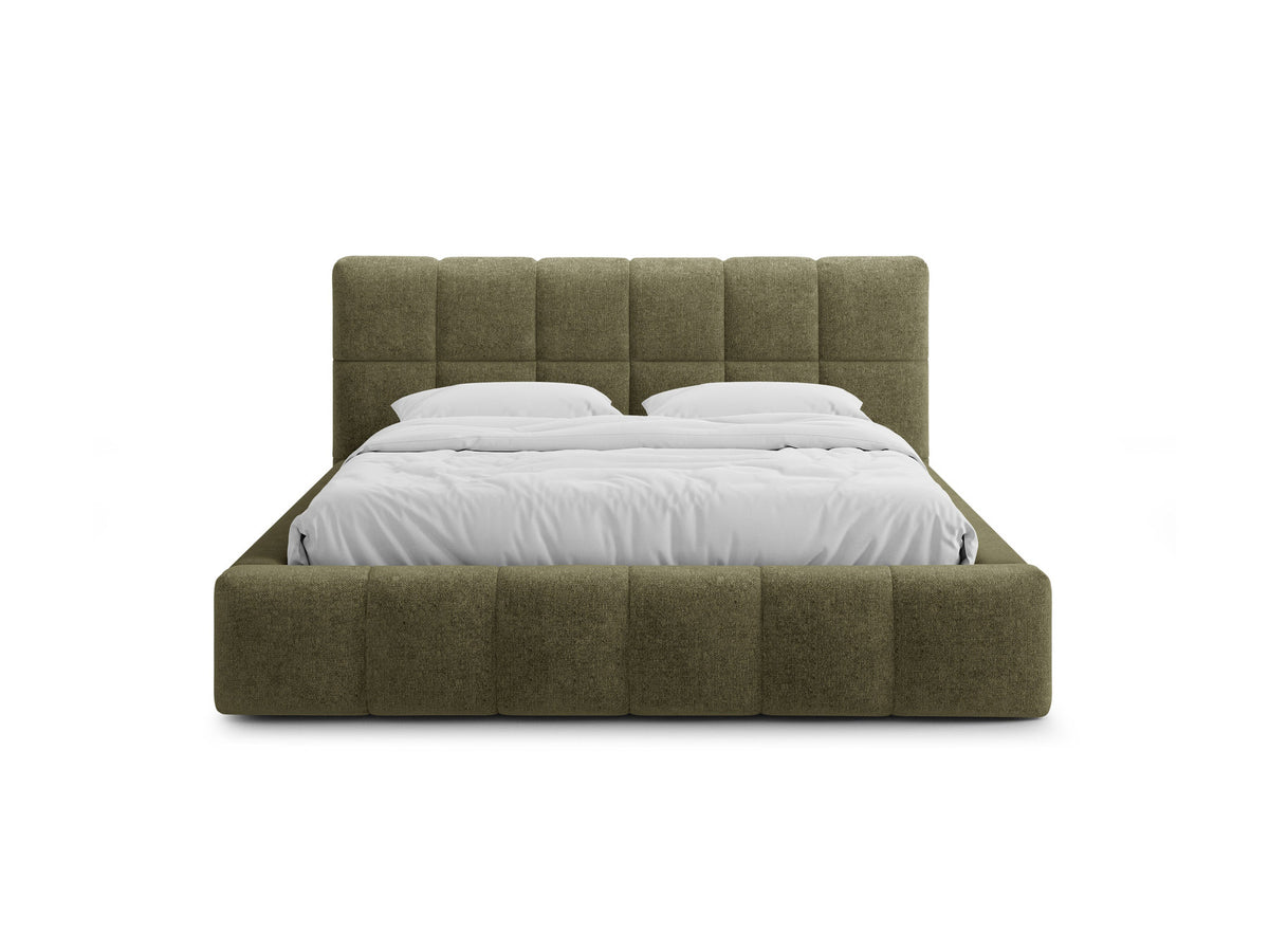 Polsterbett Bellis mit gepolstertem Kopfteil in Leichtes Beige, Stoff Eden, Gaslift-Bettkasten und schwarzen Kunststoffbeinen.