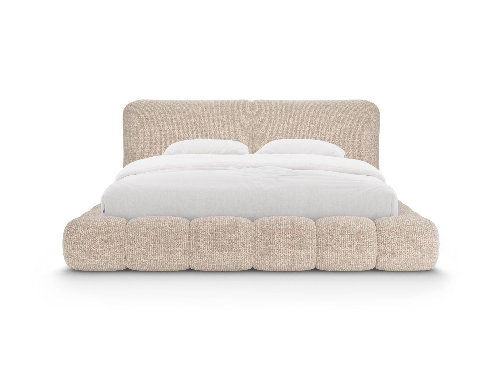 Elegantes Solange Bett mit 180 cm Breite, Stauraum und stilvollem Kopfteil in Sandfarbe, ideal für modernes Schlafzimmerdesign.