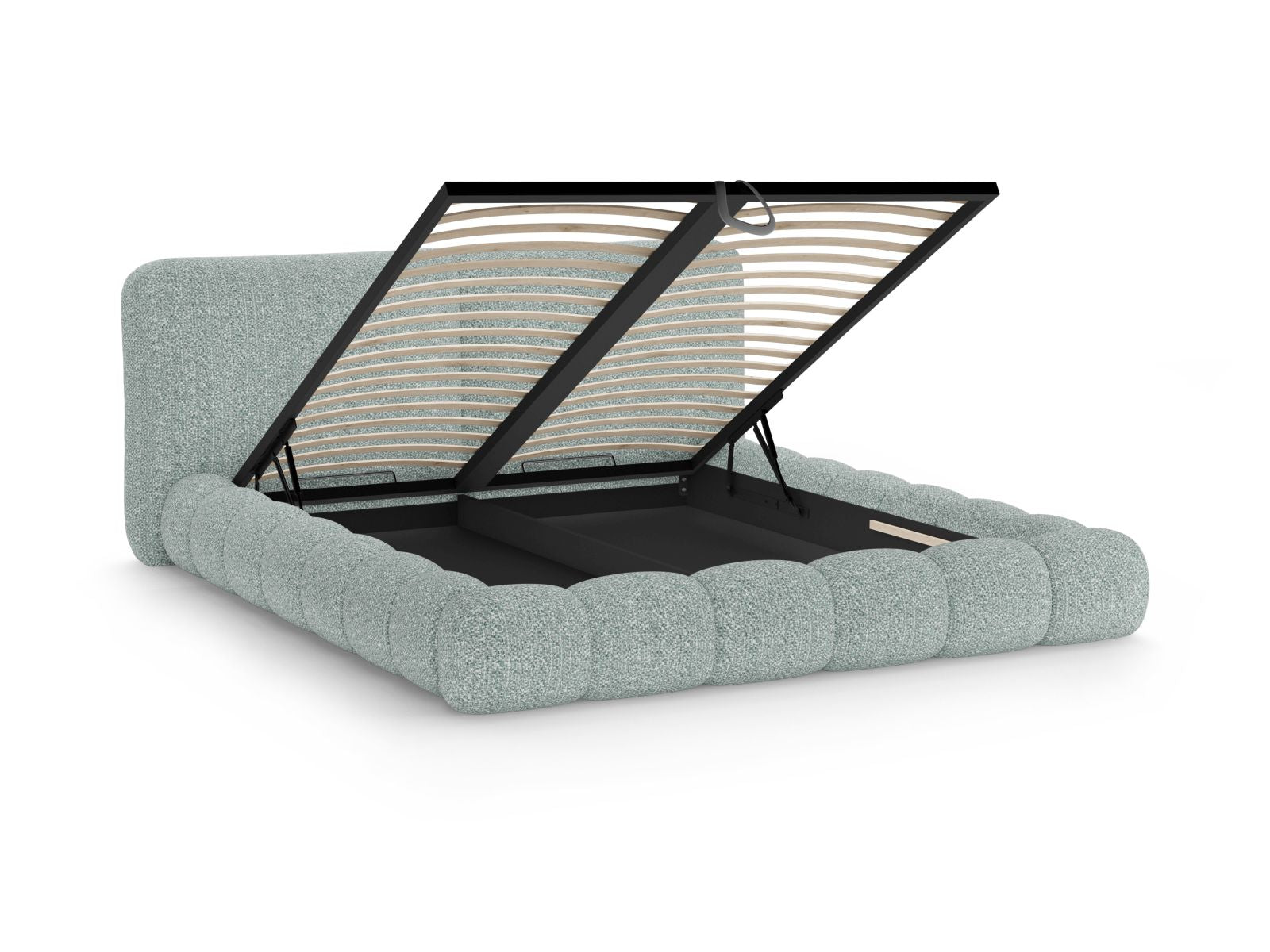 Stilvolles Solange Bett in zartem Blau, 180 cm Kopfteil, bietet praktischen Stauraum für ein aufgeräumtes Schlafzimmer.