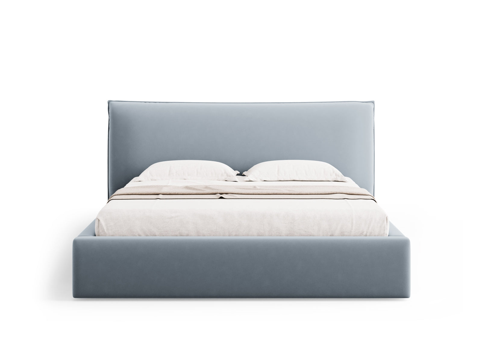 Luxuriöses Kaelle Velour Bett in zartem Hellblau, ausgestattet mit praktischem Stauraum und einem modernen Kopfteil für stilvolle Schlafzimmer.