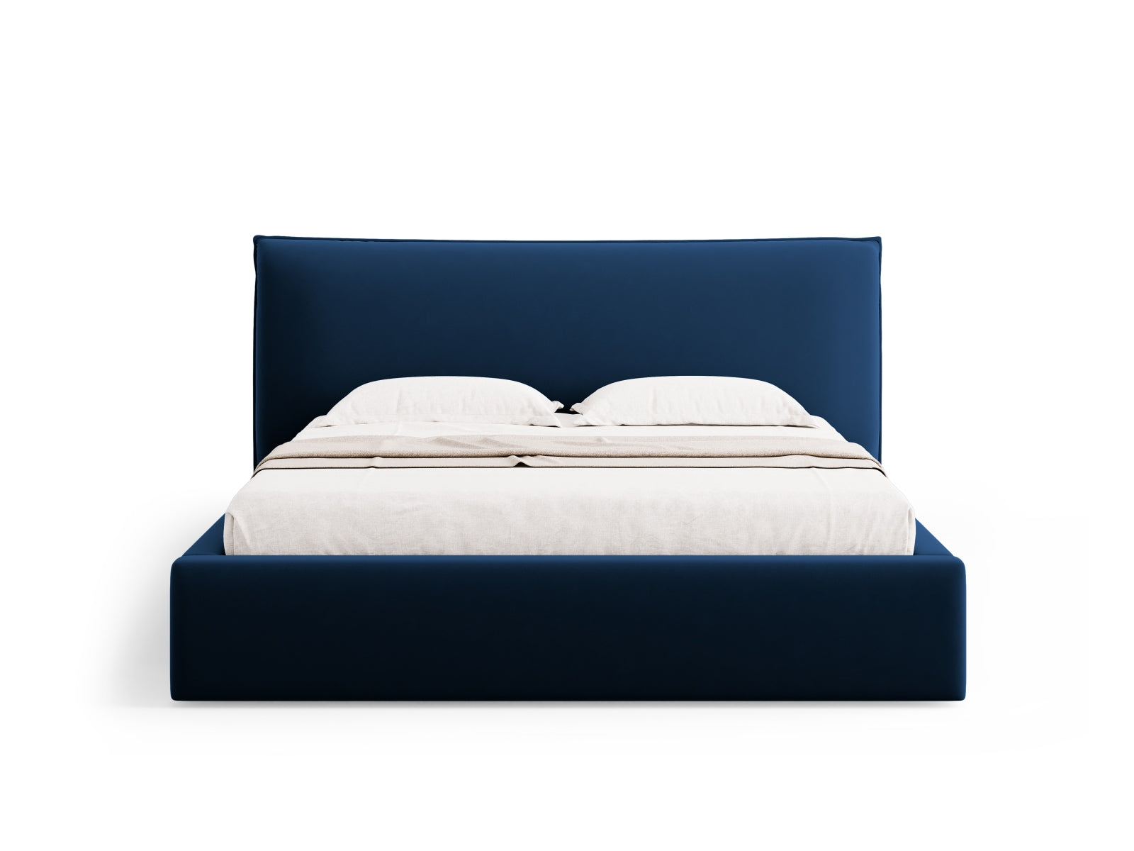 Luxuriöses Kaelle Velour Bett in Royal Blue, ausgestattet mit Stauraum und einem ansprechenden Kopfteil für zeitgemäße Schlafzimmer.