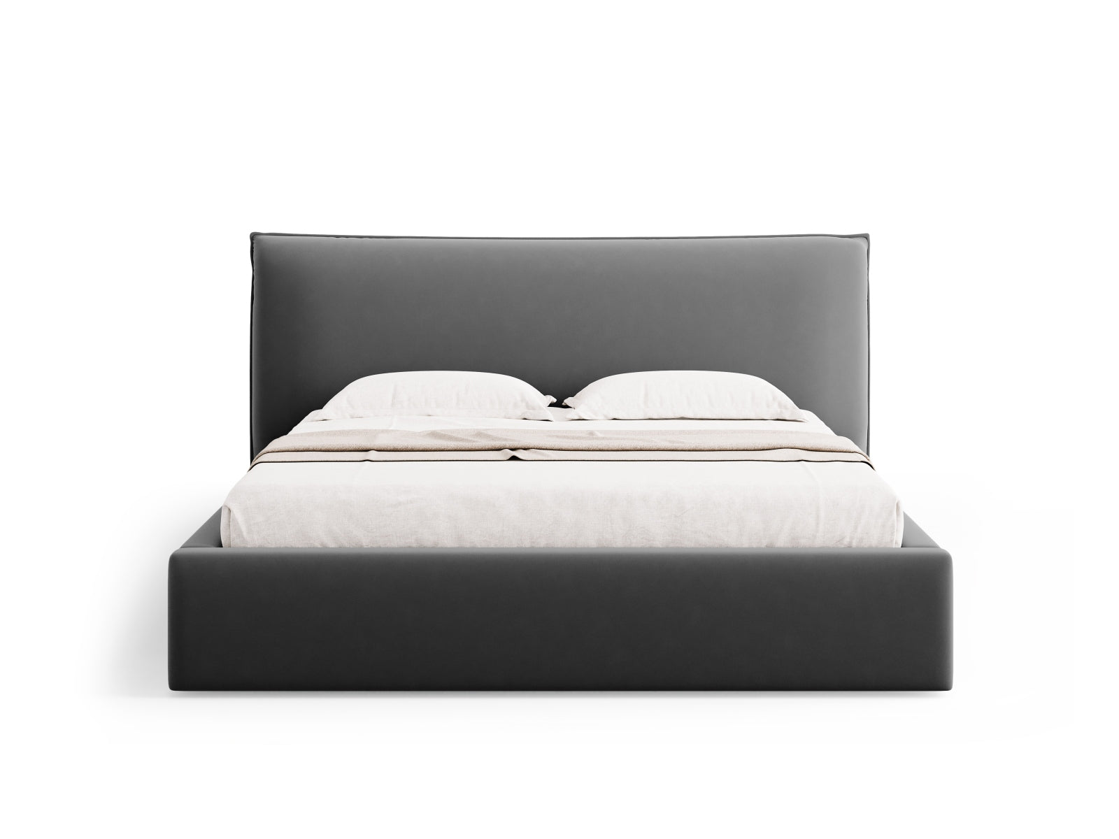 Stylisches Kaelle Velour Bett in Grey-Bluvel, ausgestattet mit praktischem Stauraum und einem eleganten Kopfteil für zeitgemäße Wohnräume.