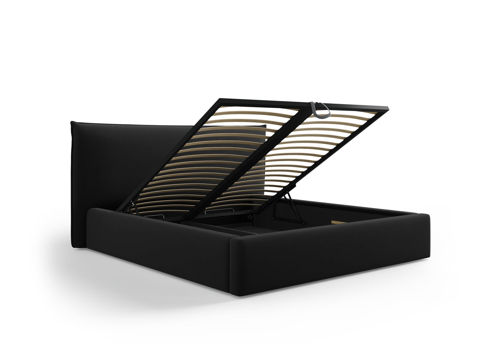 Elegantes Kaelle Velour Bett in Schwarz, 180 cm breit, mit praktischem Stauraum und stilvollem Kopfteil für moderne Schlafzimmer.