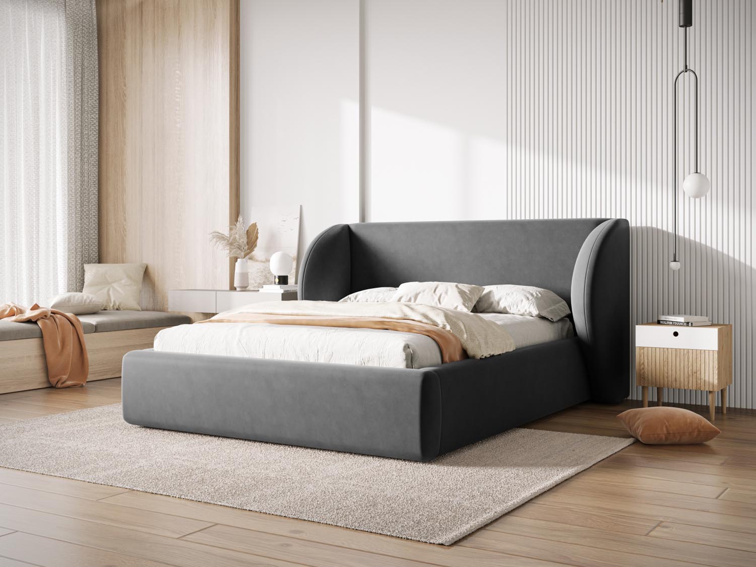 Elegantes Miley Velour Bett in Grau-Blau mit praktischem Stauraum und stilvollem Headboard, ideal für jedes Schlafzimmer.