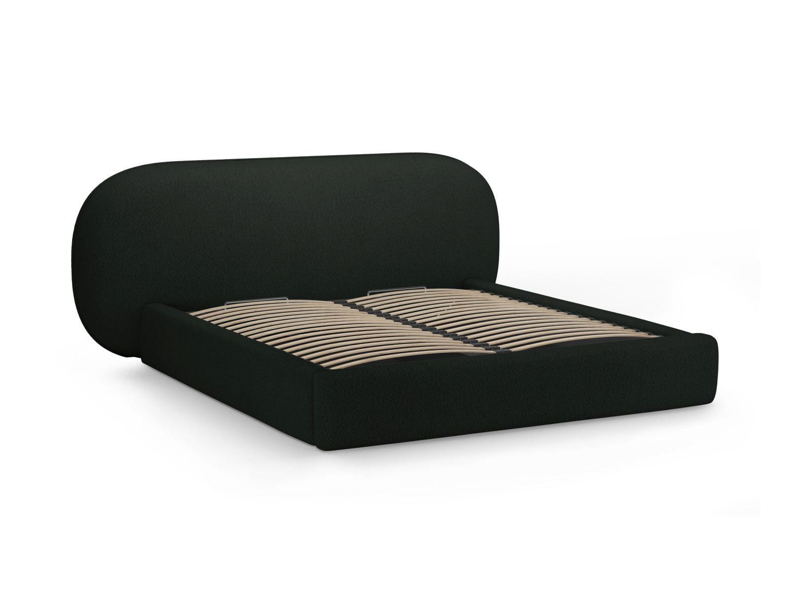 Modernes Ovalo Bett mit 200 cm hohem Kopfteil und integriertem Stauraum, perfekt für funktionale und stilvolle Schlafräume.