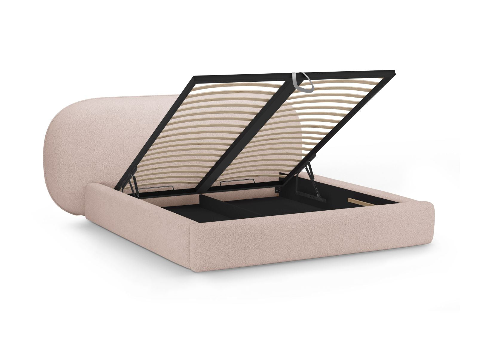 Elegantes Ovalo Bett in zartem Powder Pink, bietet cleveren Stauraum und ein geschmackvolles Kopfteil für ein modernes Schlafzimmer.