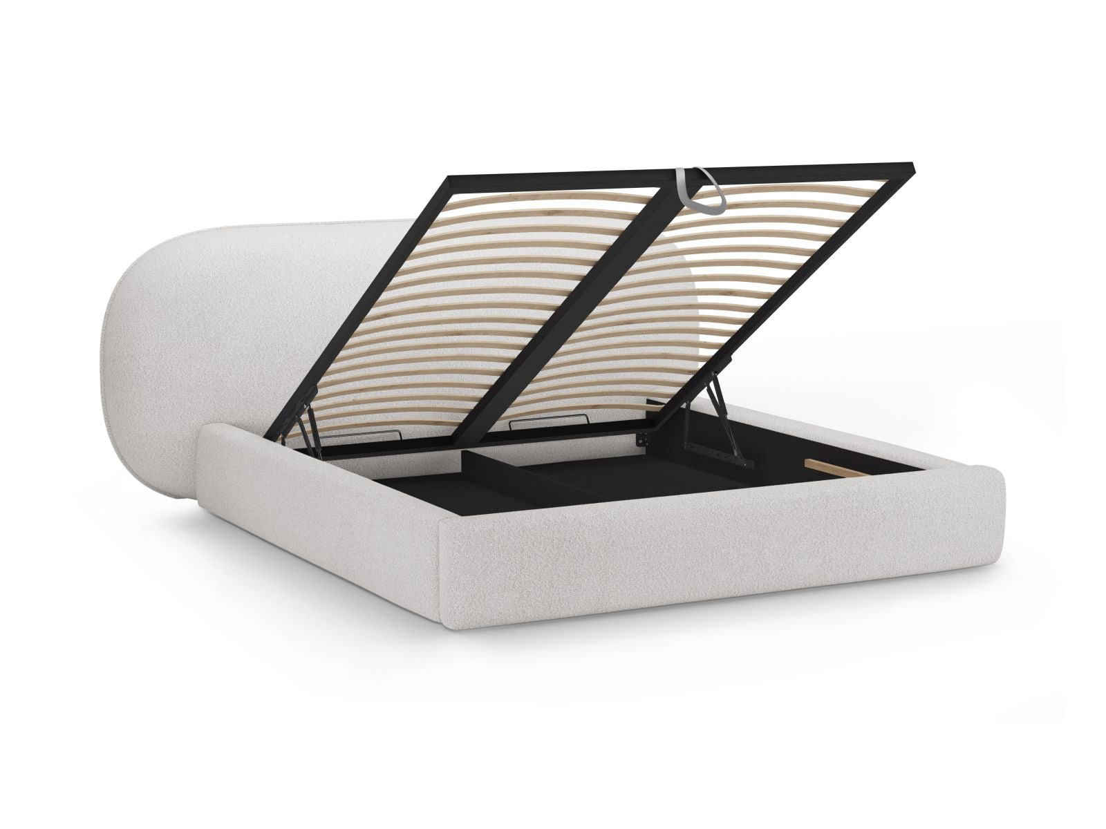 Elegantes Ovalo Bett mit praktischem Stauraum und stilvollem Kopfteil in hellem Grau, ideal für ein modernes Schlafzimmer.