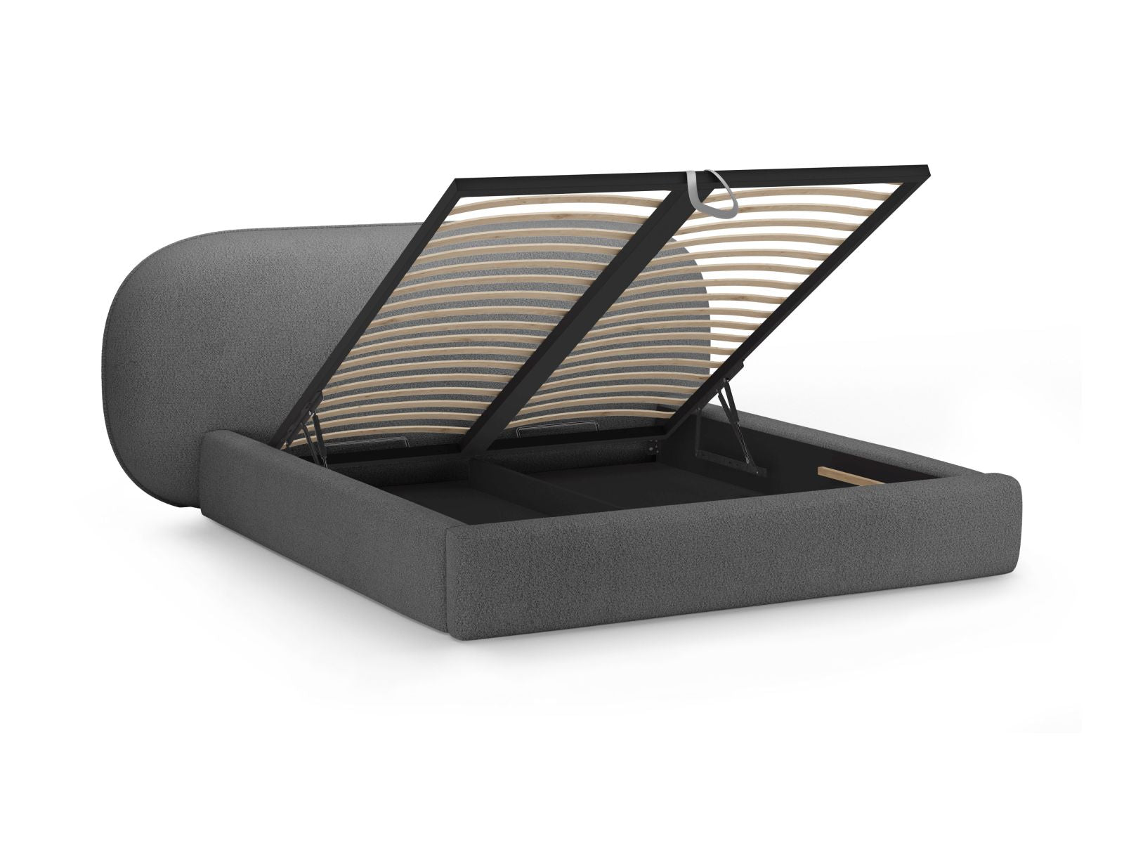 Elegantes Ovalo Bett in Dunkelgrau mit 200 cm Kopfteil und praktischem Stauraum, ideal für stilvolle Schlafzimmerlösungen.