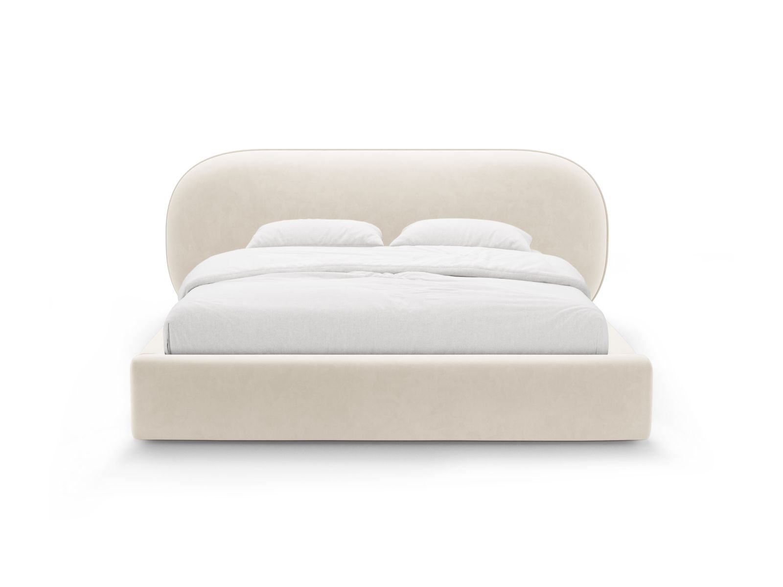 Elegantes Ovalo Bett mit 200 cm Breite, Stauraum und Kopfteil in Ivory-Magic Velvet, ideal für stilvolle Schlafzimmer.