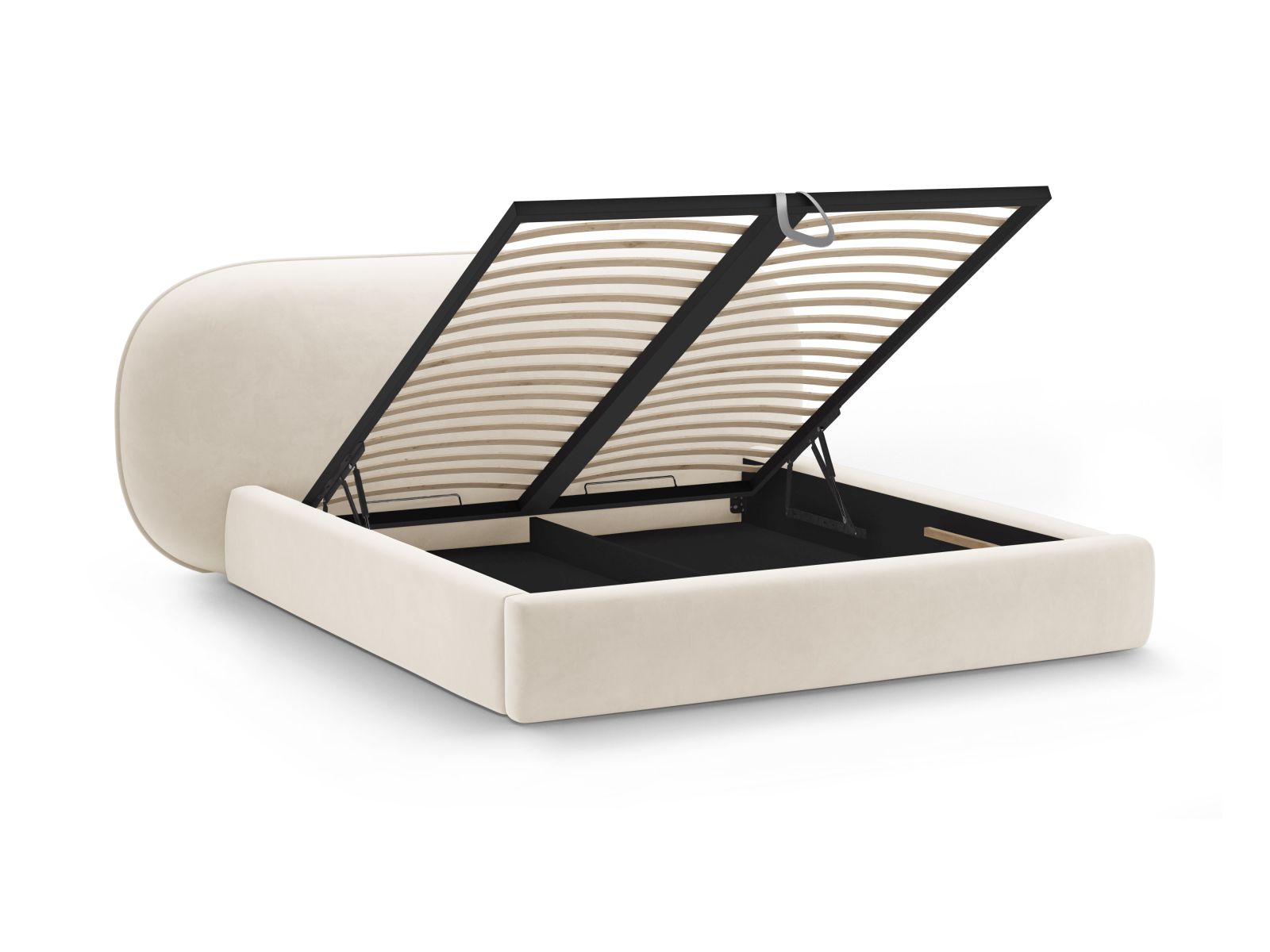 Elegantes Ovalo Bett in Ivory-Magic Velvet, 200 cm breit, mit praktischem Stauraum und komfortablem Kopfteil für stilvolle Schlafzimmer.