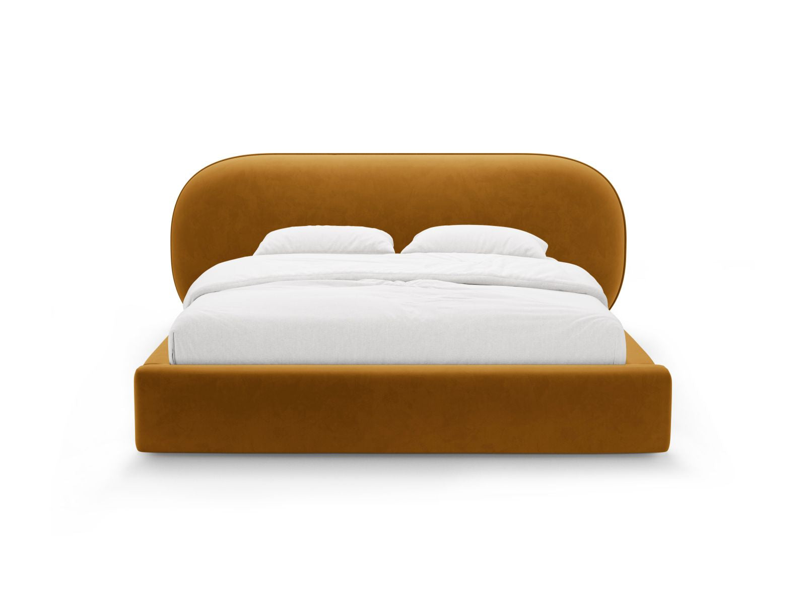 Elegantes Ovalo Bett mit 200 cm Kopfteil und praktischem Stauraum in Mustard-Magic Velvet, ideal für stilvolle Schlafzimmer.