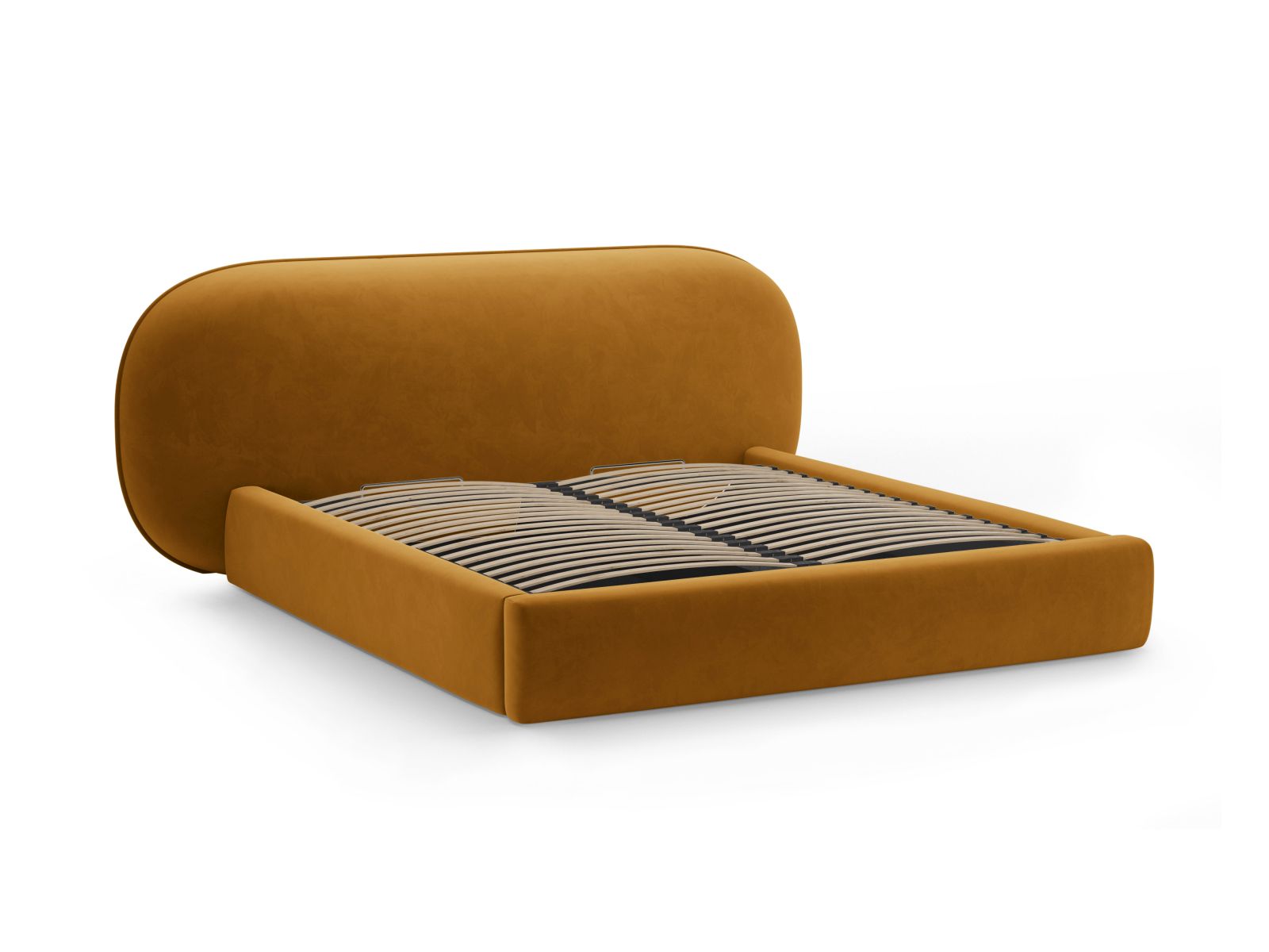 Modernes Ovalo Bett mit 200 cm Kopfteil und integriertem Stauraum in Mustard-Magic Velvet, perfekt für ein elegantes Schlafzimmer.
