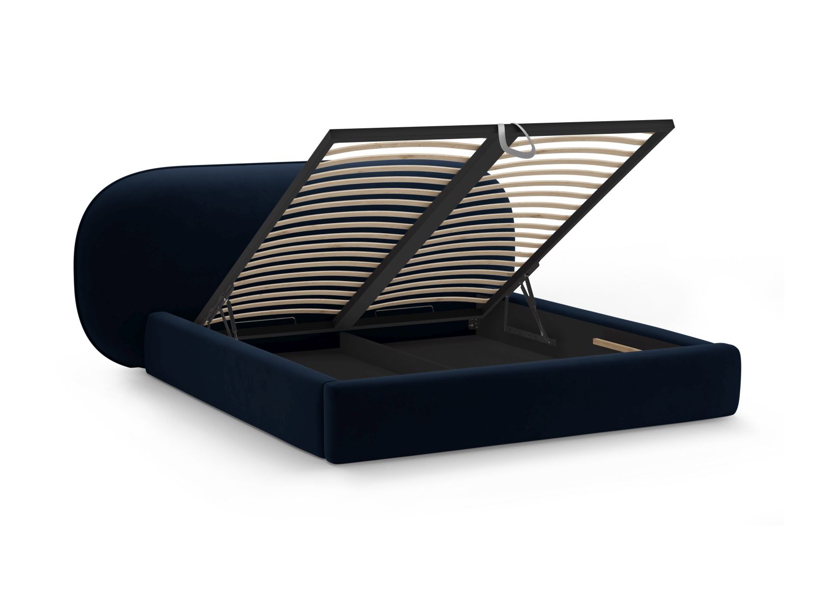 Elegantes Ovalo Bett in Royal Blue-Magic Velvet, bietet großzügigen Stauraum und ein geschmackvolles Kopfteil für ein modernes Ambiente.