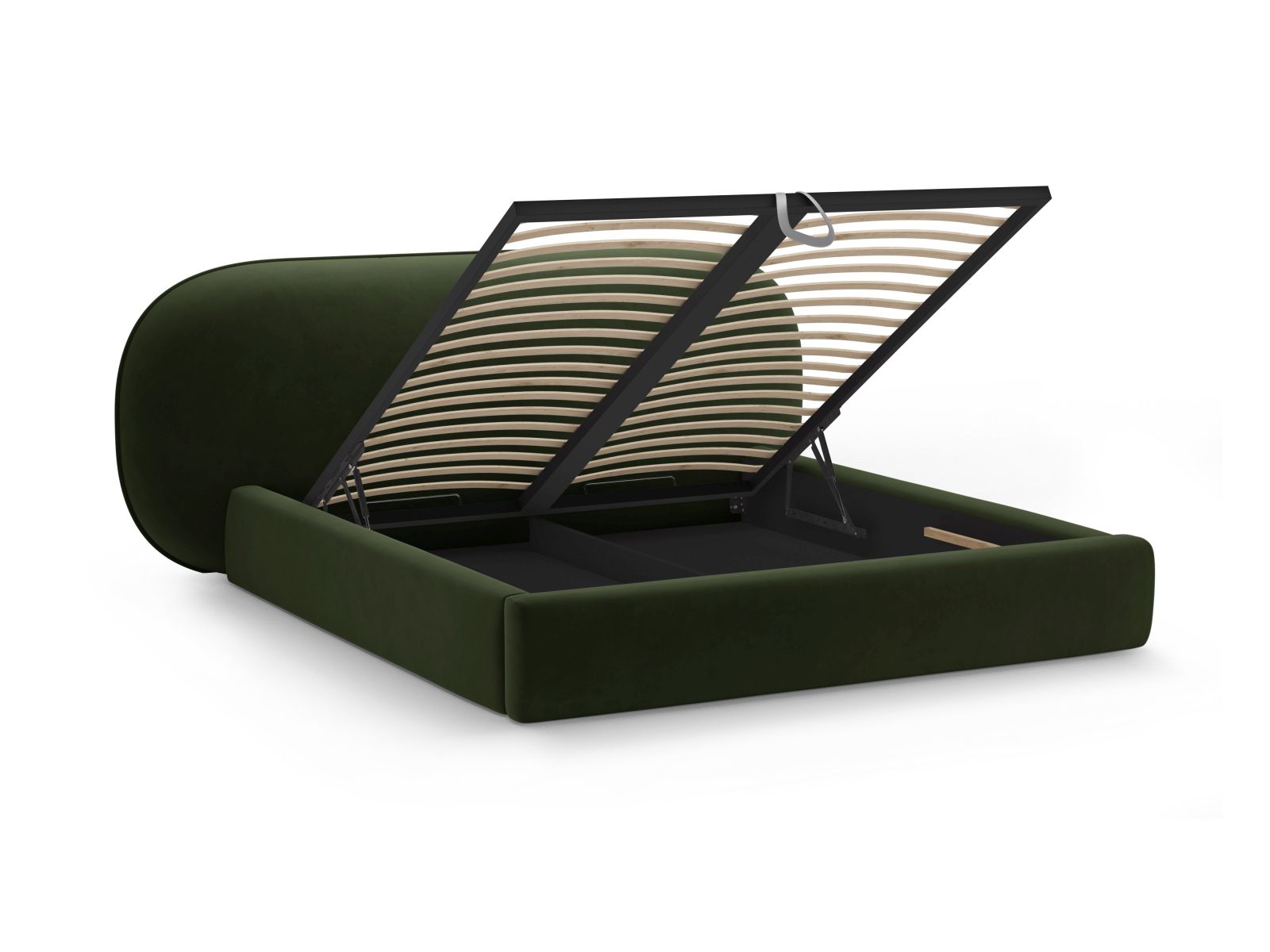 Elegantes Ovalo Bett in Army Green-Magic Velvet, bietet großzügigen Stauraum und ein geschmackvolles Kopfteil für ein modernes Schlafzimmer.