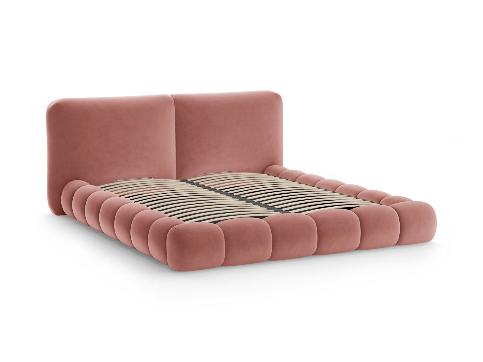 Elegantes Solange Bett in sanftem Pink-Magic Velvet, bietet praktischen Stauraum und ein geschmackvolles Kopfteil für stilvolle Schlafzimmer.
