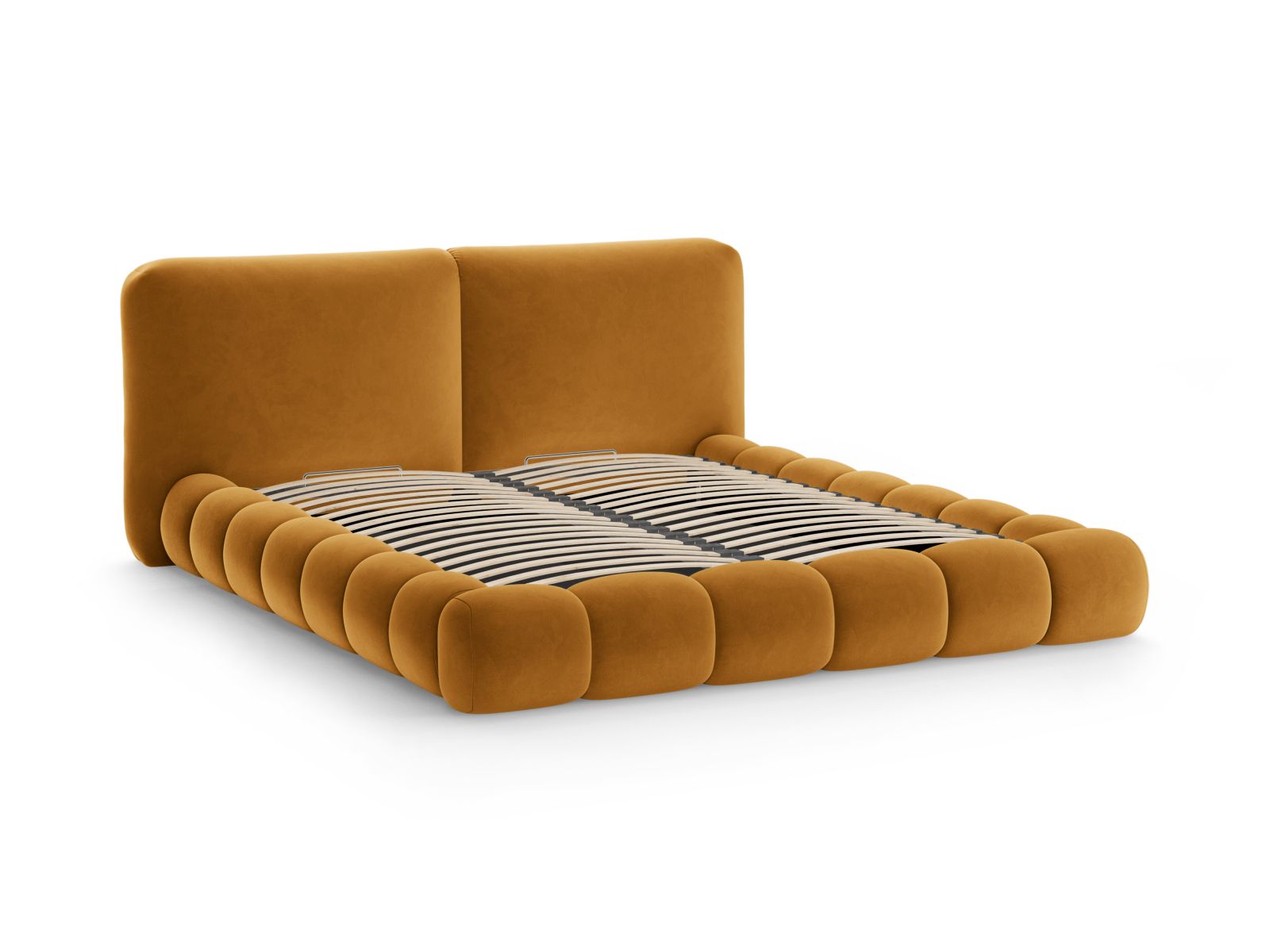 Elegantes Solange Bett mit 200 cm Kopfteil und praktischem Stauraum, bezogen mit hochwertigem Mustard-Magic Velvet für ein modernes Schlafzimmer.