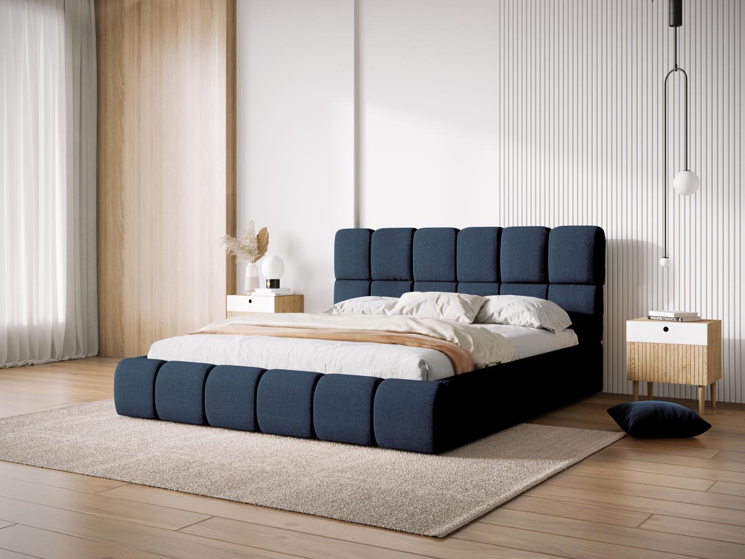 Elegantes Bellis Bett in Royal Blue mit praktischem Stauraum und stilvollem Headboard, ideal für modernes Wohnen.